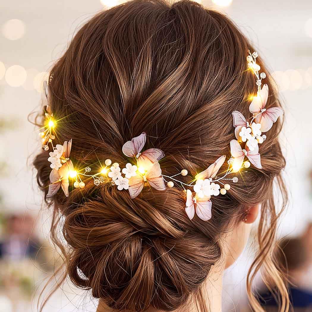 Light Up Flower Hair Vine Silver Butterfly Bride Wedding Headpiece Pearl Hair Accessories for Women and Girls (Silver, One Size)