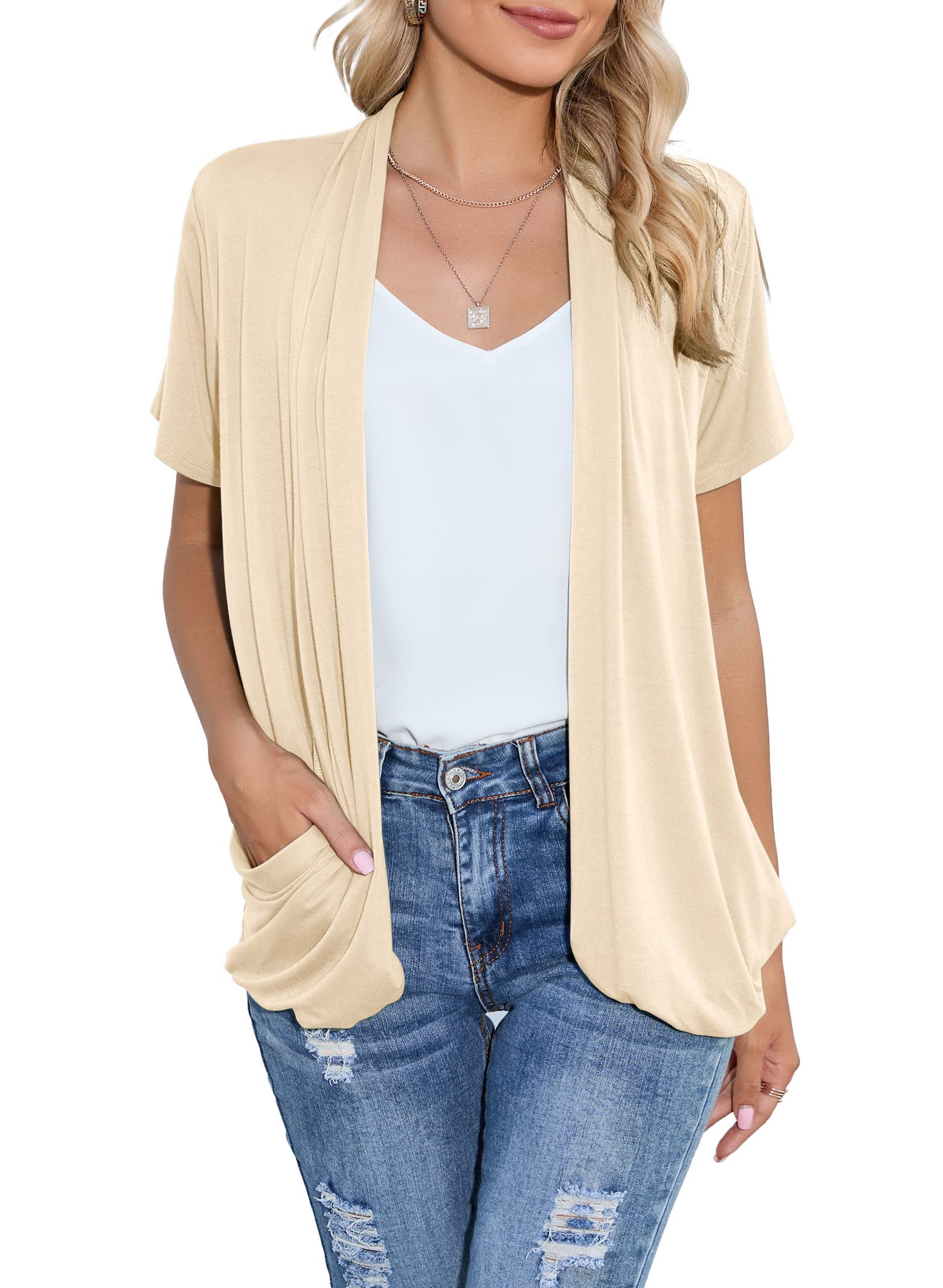 HIYIYEZI Open Front Cardigan Sweaters for Women with Pockets Lightweight Short Sleeve Ruffle Front Kimono Cardigan Duster