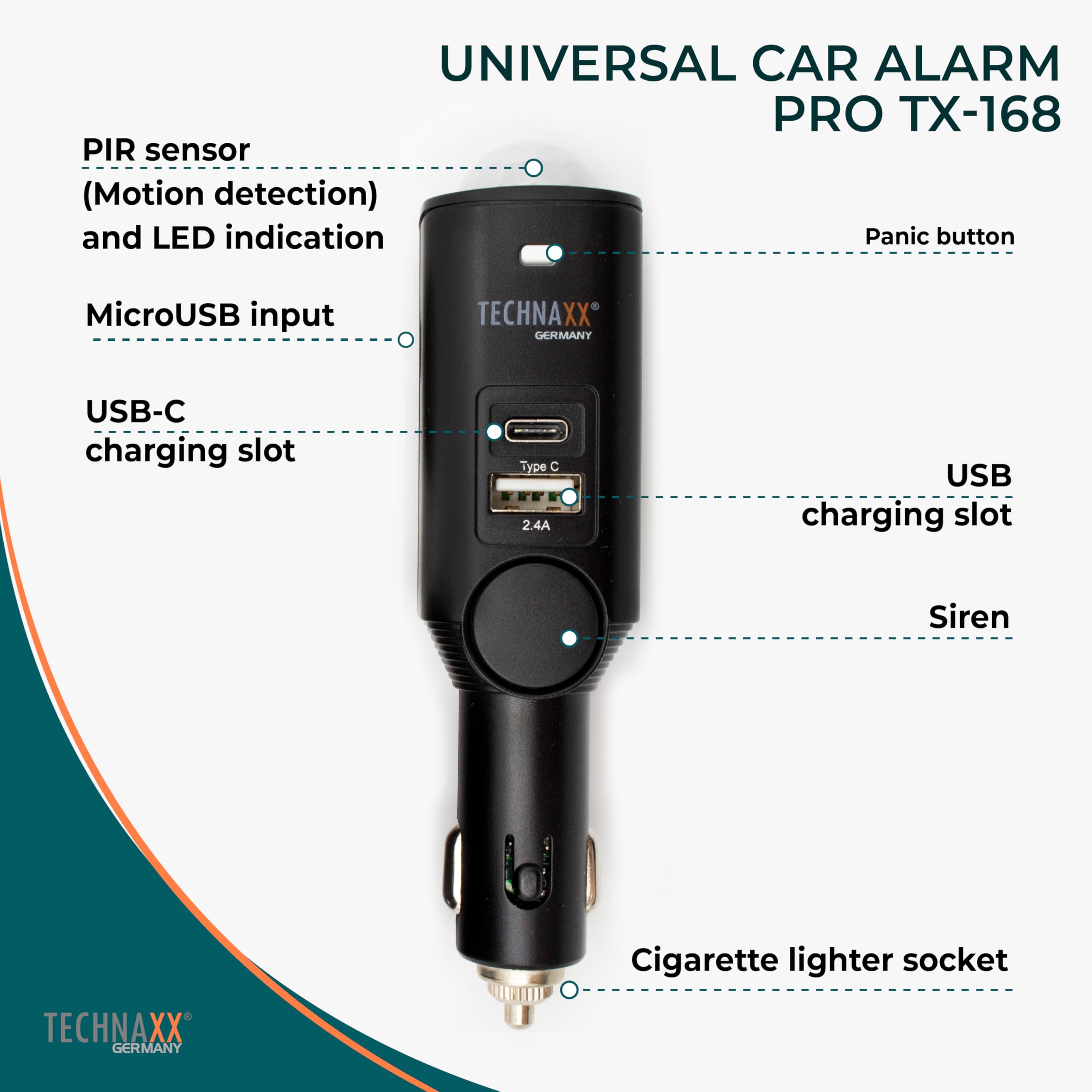 Sistema de alarma Technaxx para coches, furgonetas, vehículos, hogares con sensor de movimiento PIR, sirena externa 105 dB, 2 USB - ~7 días de tiempo de trabajo - Alarma seguridad para coches TX-168