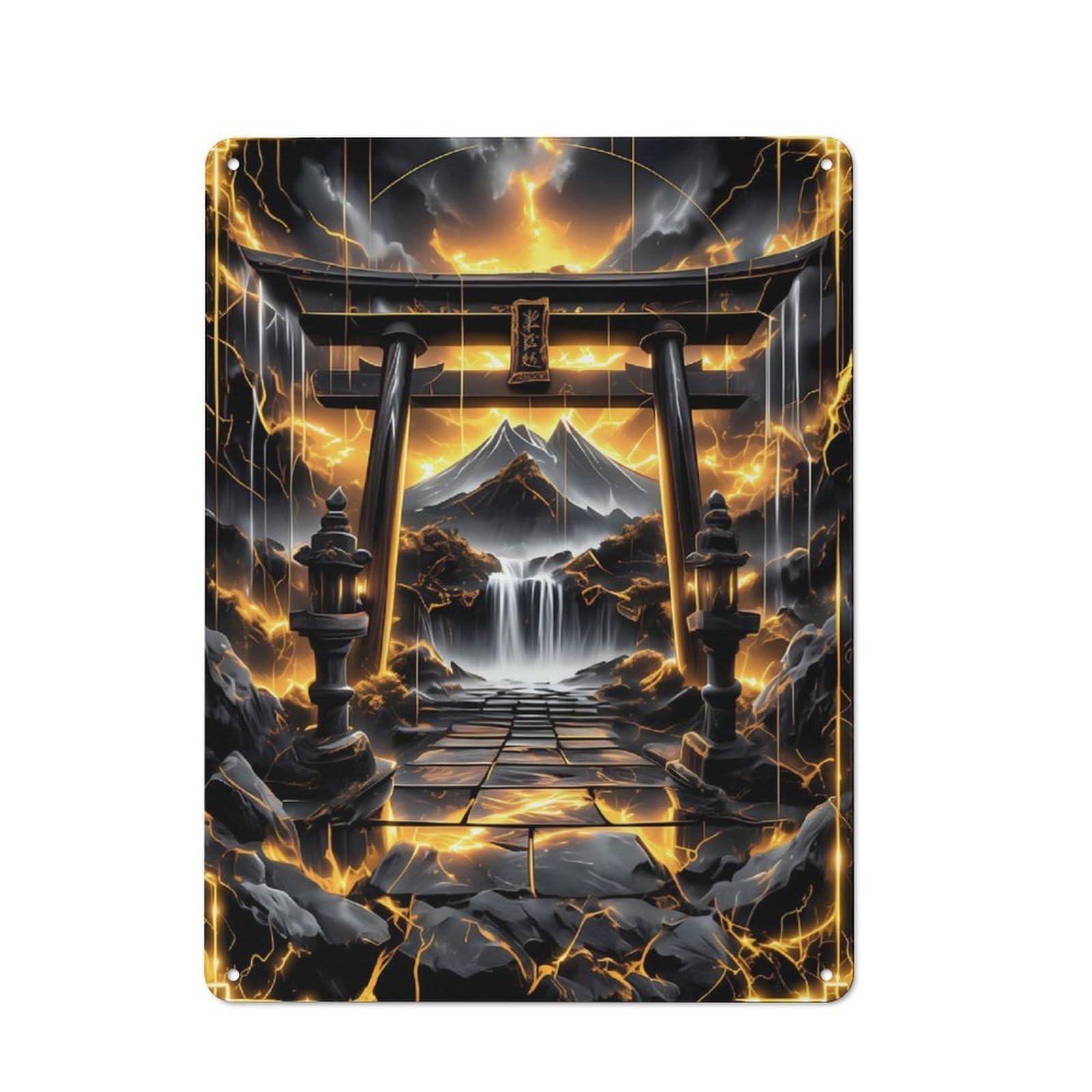 Junmoney Golden Kintsugi Torii Gate Rustic Tin Sign 40X30cm For Café Or Restaurant, A Decorative Christmas Gift For Hospitality Interior Collectors