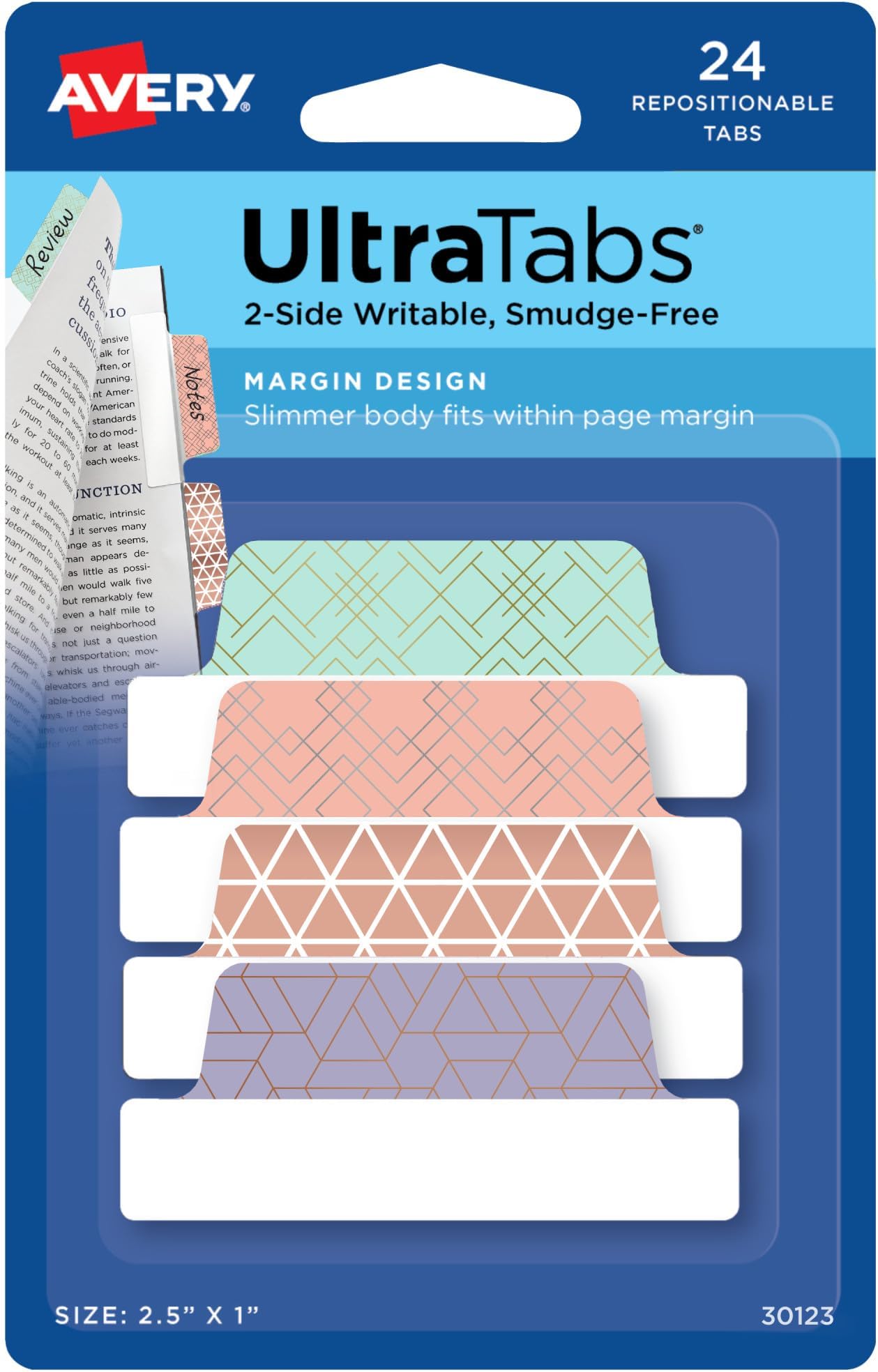 Margin Ultra Tabs, 2.5" x 1", Assorted Metallic Geometric Designs, 24 Repositionable Page Tabs (30123)
