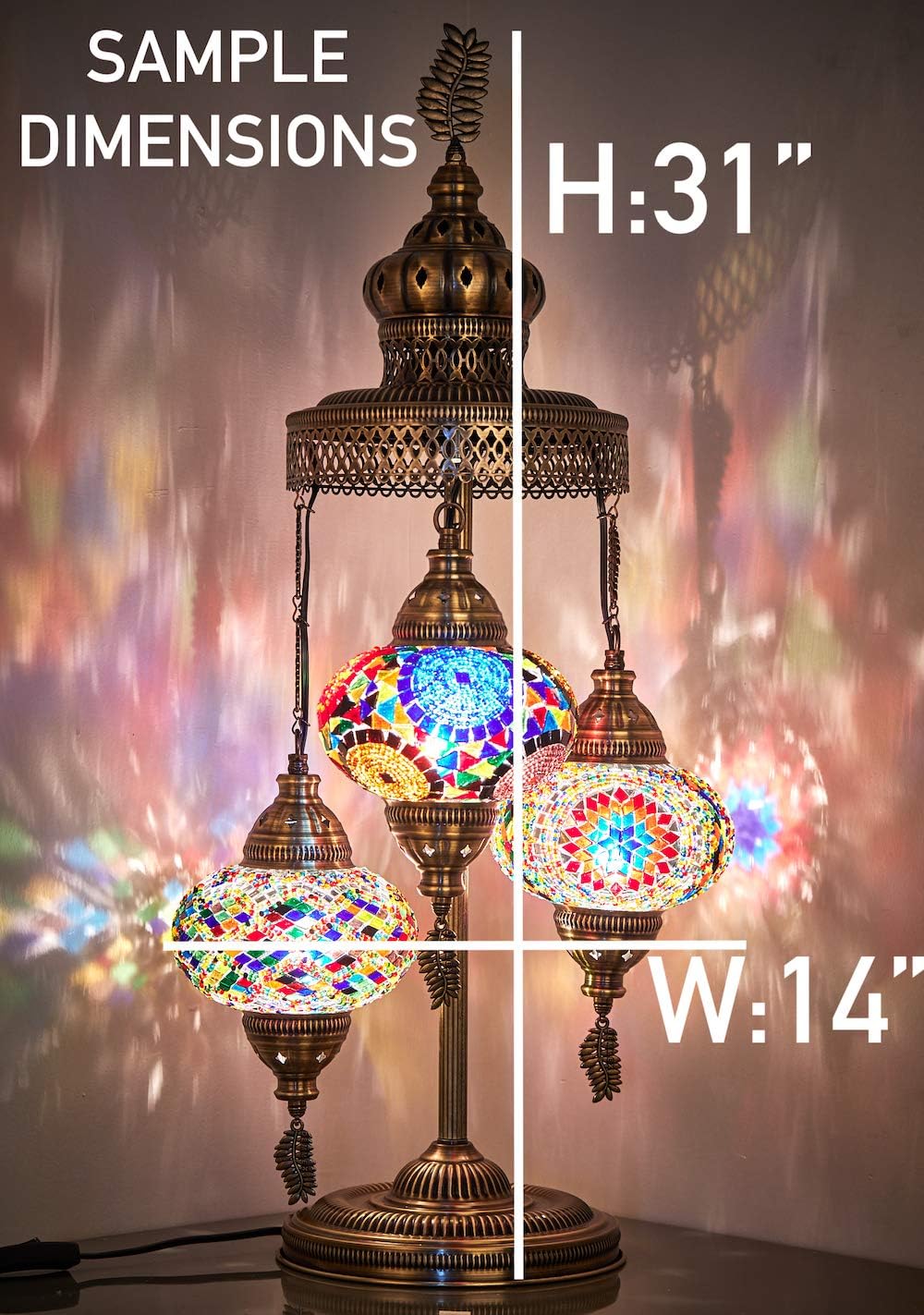 DEMMEX 3 Big Globes XL Magnificent Handmade Turkish Moroccan Mosaic Tiffany Style Table Desk Bedside Lamp Lampshade Exotic Night Accent Light for North American Use, 31" Height (Gift Me - Multicolor)