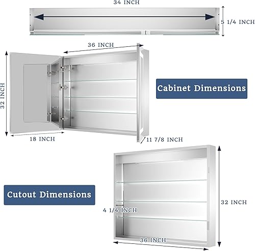 Miniatura 2 de ExBrite Botiquín de baño con iluminación LED con espejo, 36 x 32 pulgadas, botiquín empotrado o de superficie, reloj, pantalla de temperatura