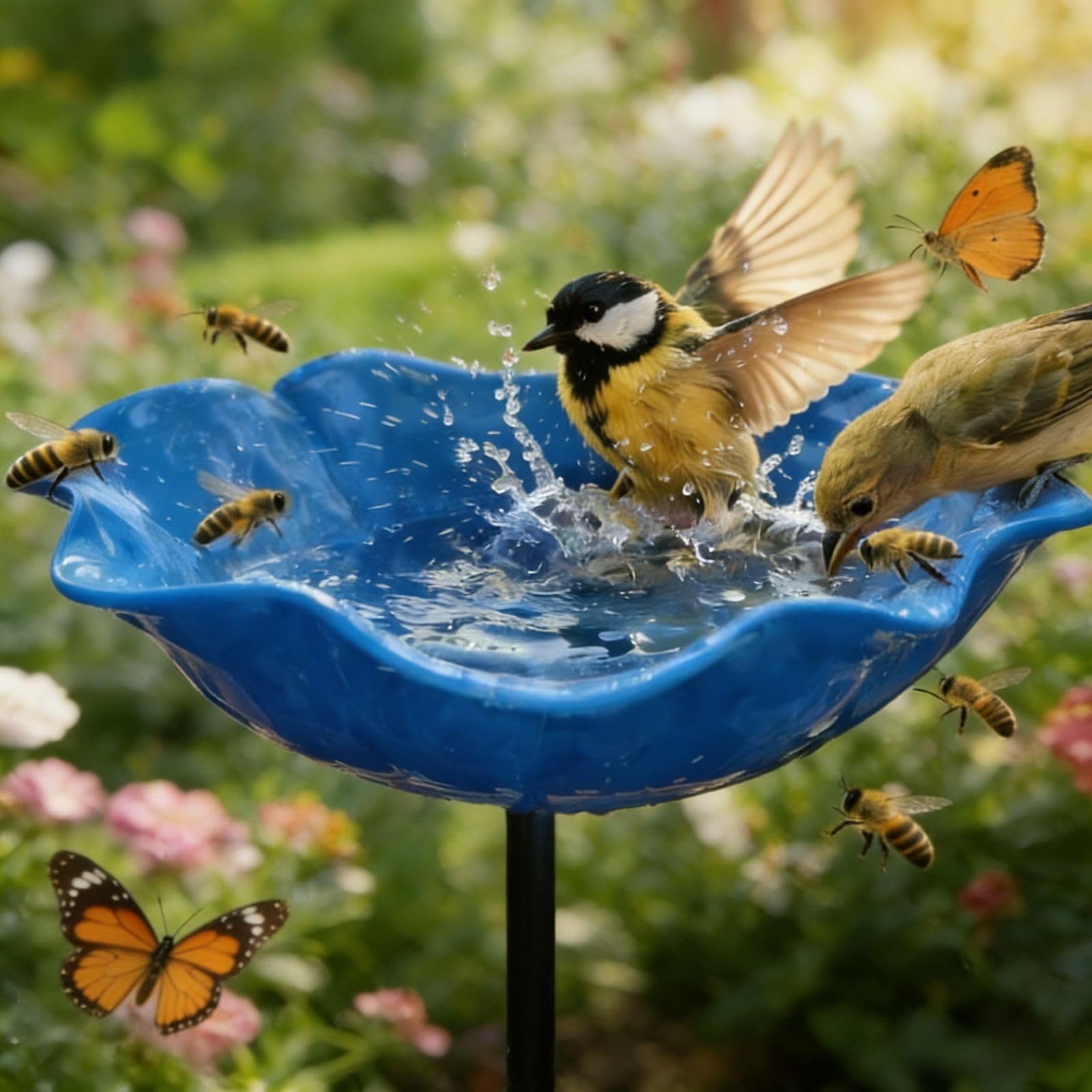 Qosigote Handmade Metal Flower Garden Stake, 2026 New Metal Flowers For Garden, Bee Watering Station, Provides A Safe Drinking Spot For Bees,Bird And Butterflies (Blue, 2PCS)