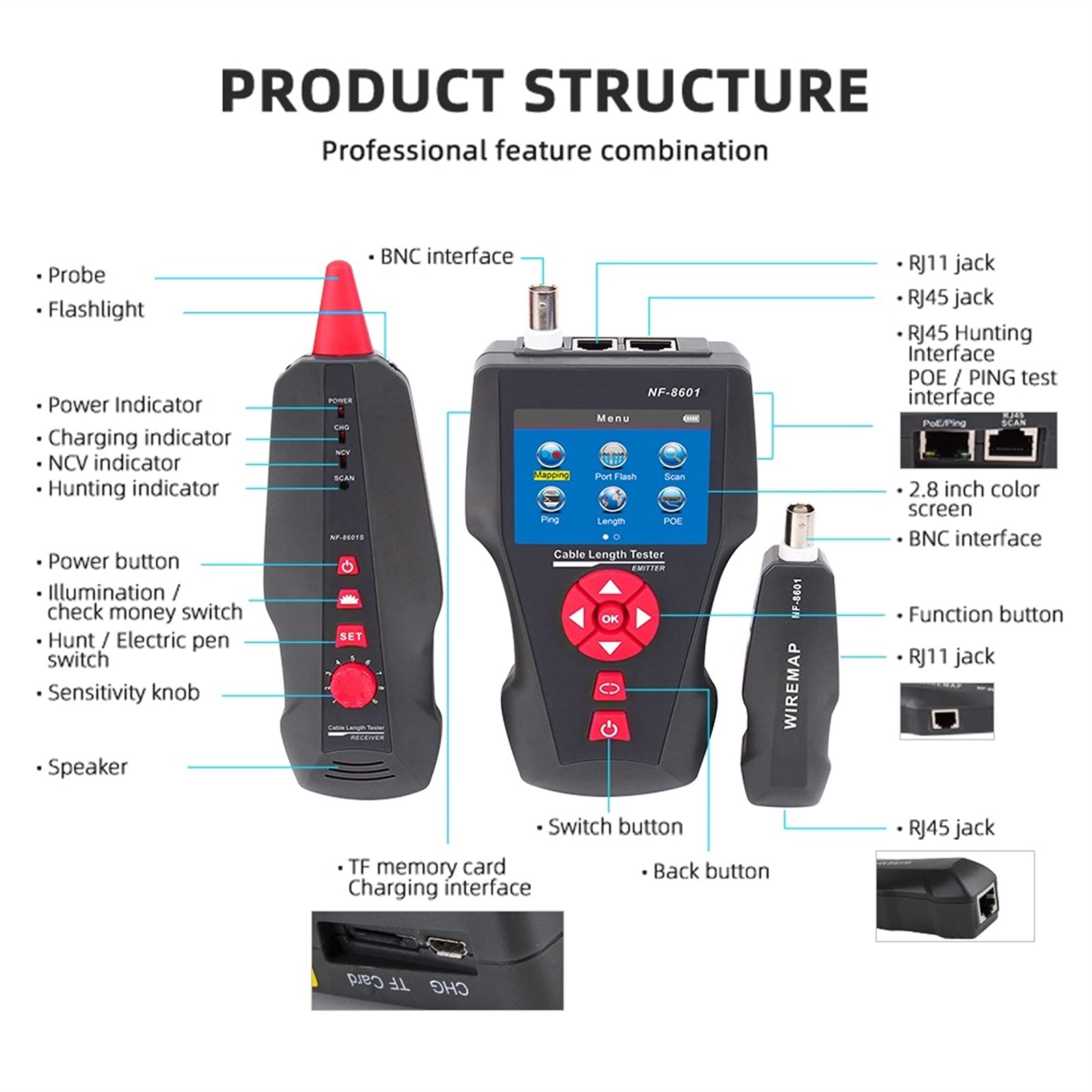 Línea Finder Line Tracker POE PING Tester Medida Longitud del cable con 8pcs Remote Para Ethernet y teléfono