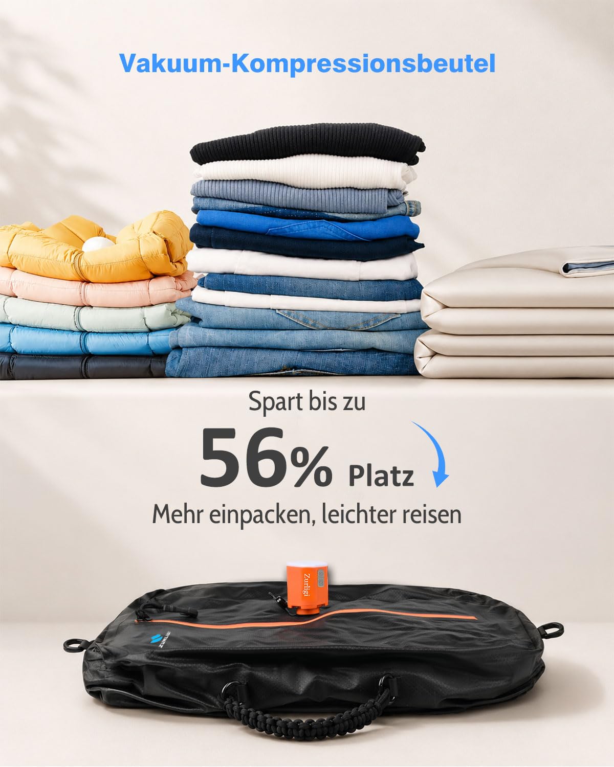 Zurligi 39L Vakuumbeutel-Reiseset mit Pumpe, Nylon, Griff, Schwarz, 3 Stück | Wiederverwendbare, wasserdichte Kompressionsbeutel aus reißfestem Nylon mit Griff für Kleidung, Handgepäck und Reisekoffer