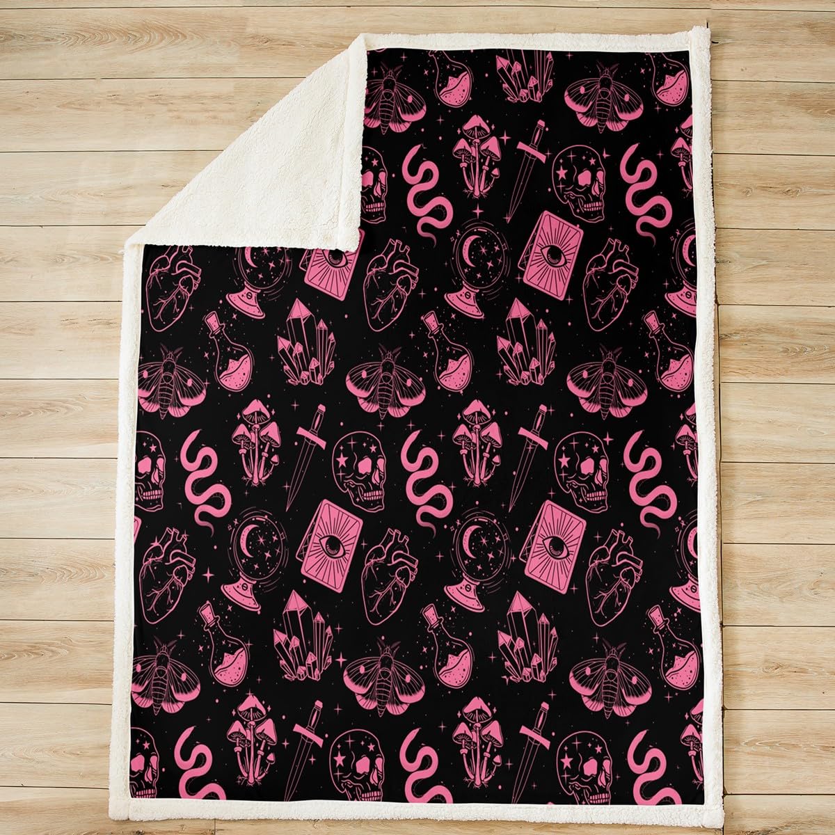 Halloween Skull Flannel Blanket,Gothic Pink Moth Mushroom Skeleton Fuzzy Blanket for Children Present,Hippie Art Girly Stars Galaxy Polyester Throw Blanket for Couch, Twin Size (60 x 80 Inch)