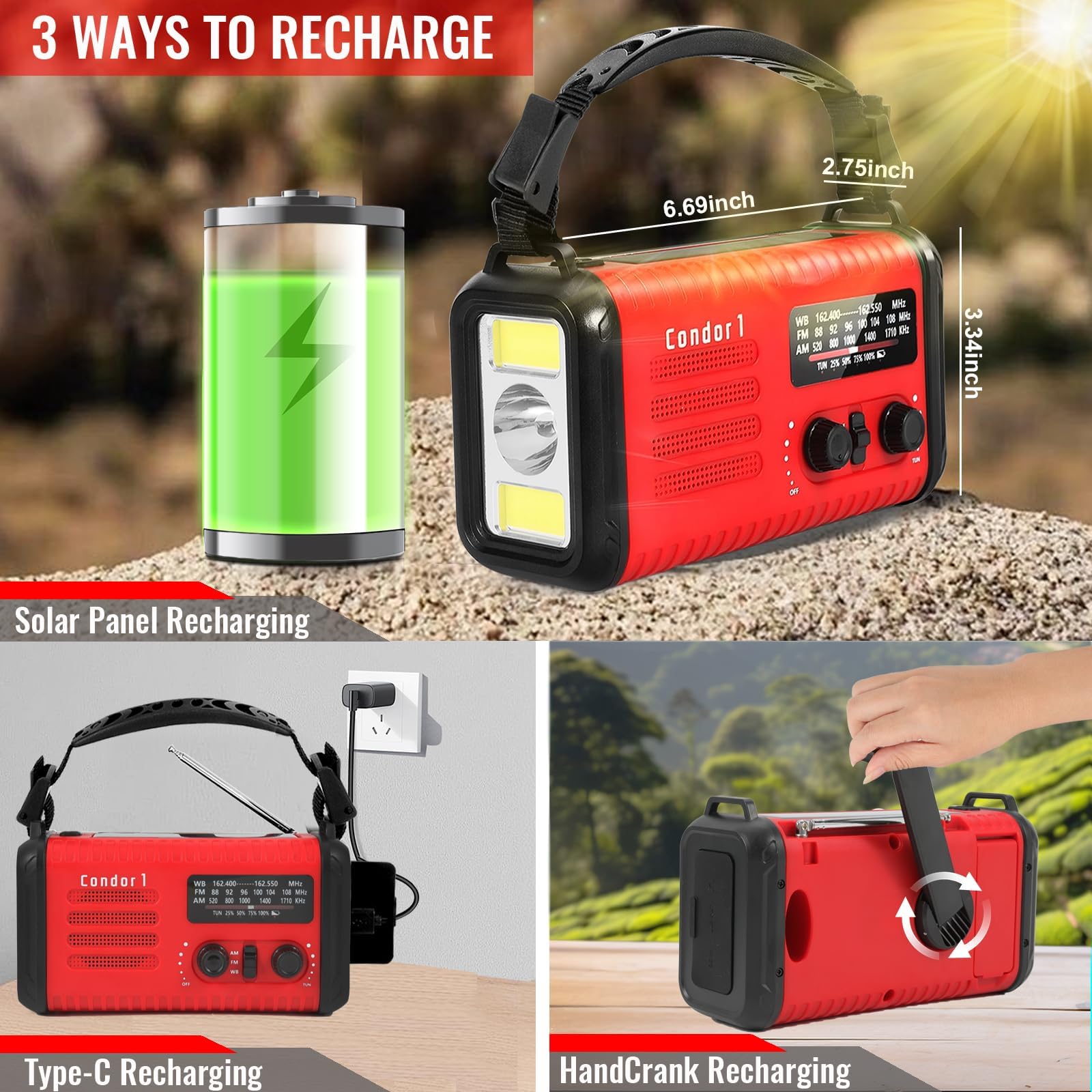 20000mAh Notfallradio, Solar-Handkurbel AM/FM Wetterradio, Handy-Ladegerät | 74000mWh Selbstladend per Kurbel & Solar: LED-Leuchte, Leselampe, Notblinker, USB-Buchse, Kopfhörer, SOS. Für Outdoor.