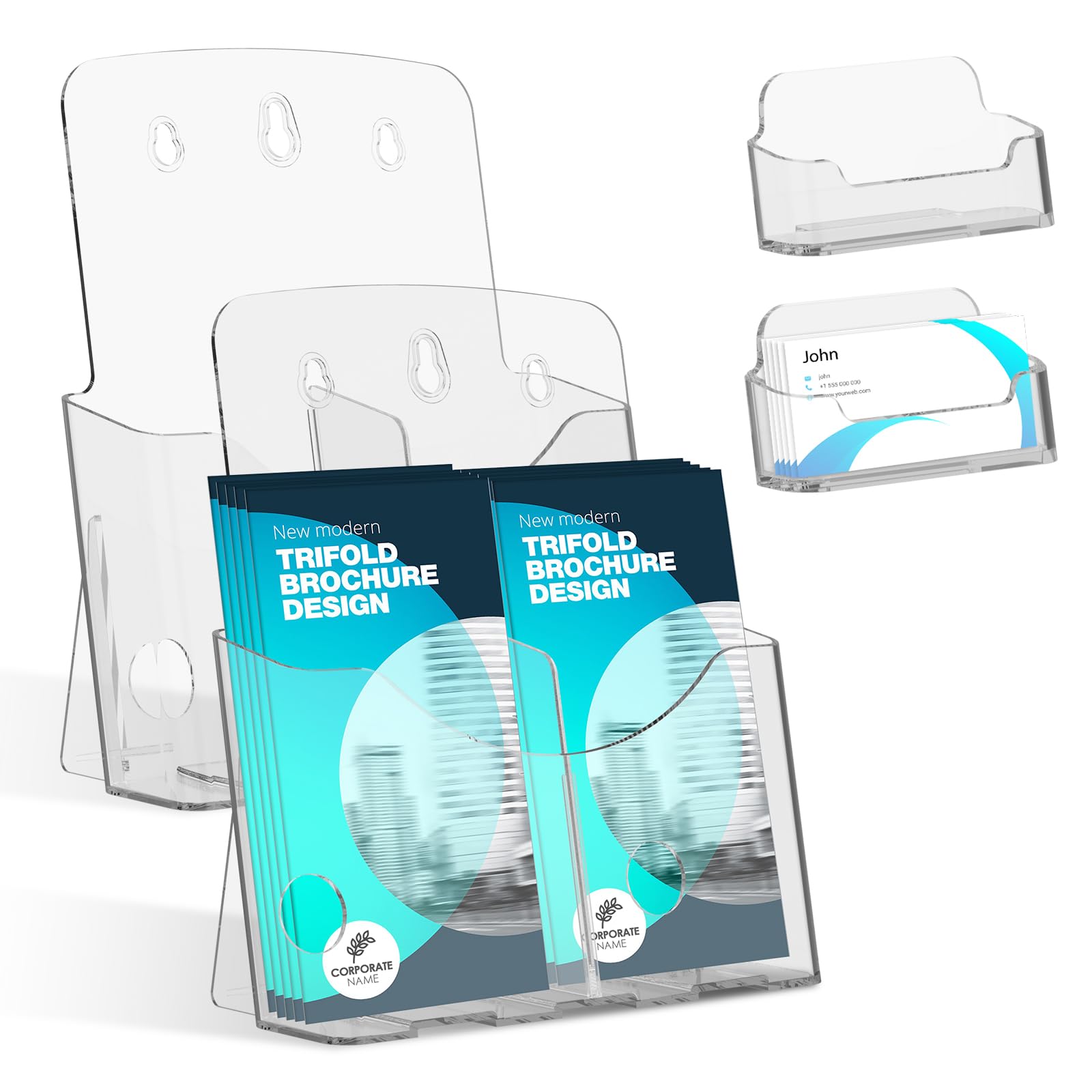 Cbwerbb Clear 2 Pack A4 Acrylic Leaflet Brochure Holder And Business Card Holder,Freestanding Countertop Literature Holders With Removable Divider,Plastic Flyer Display Stand For Magazine, Pamphlet, Booklets