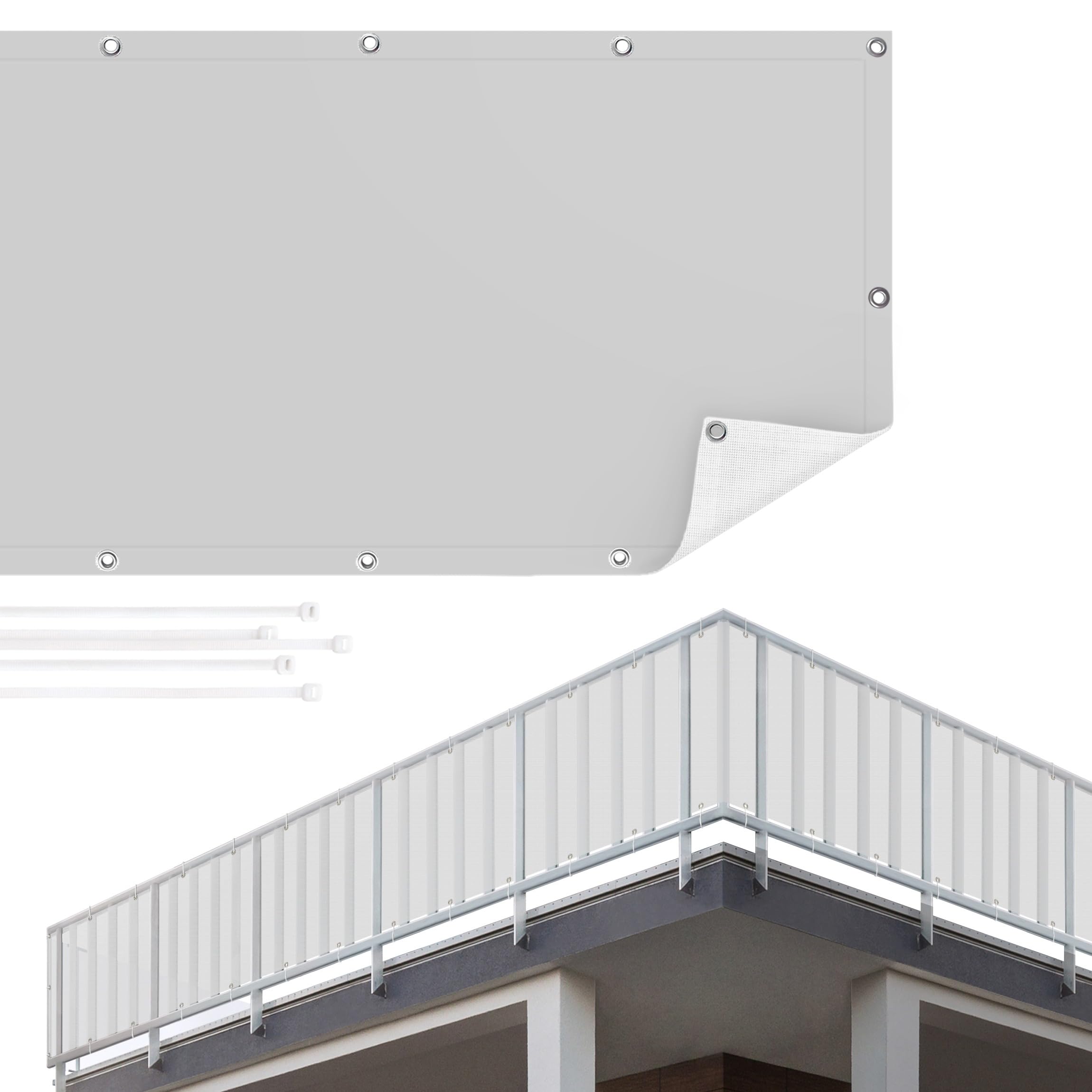 Balkon Sichtschutz Grau 75 x 350 cm inkl. Kabelbinder Wetterfest Blickschutz Balkonverkleidung Balkonbespannung Sonnenschutz Balkongeländer Windschutz Terrasse Garten Deko Ideen Hellgrau TEXBS_1088