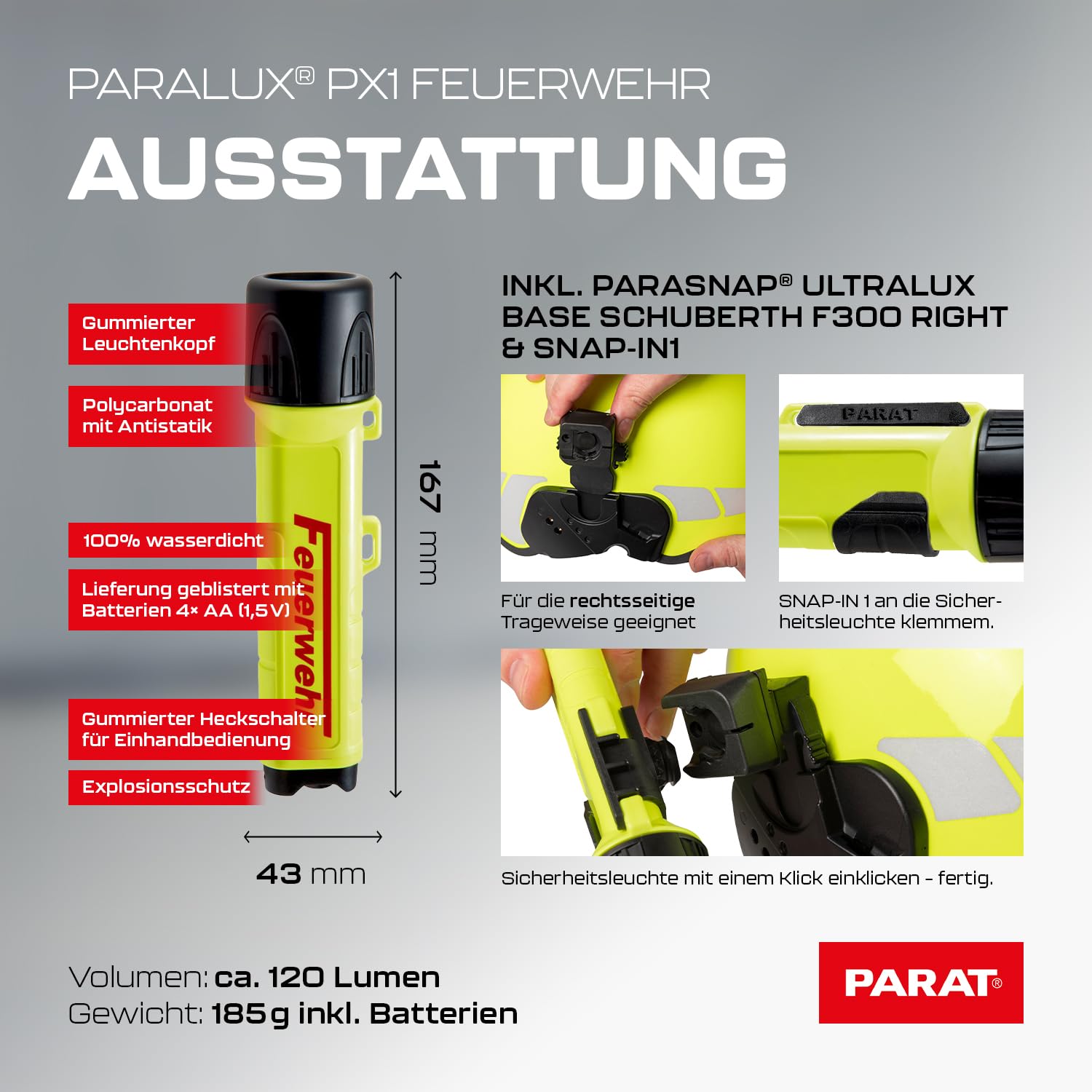PARAT PARALUX® PX1 FEUERWEHR Set für Schuberth F300 Rechts | LED Arbeitsleuchte mit 120 Lumen | EX-geschützte LED Taschenlampe | Wasserdichte Helmlampe | inkl. Batterien, Adapter & Halterung