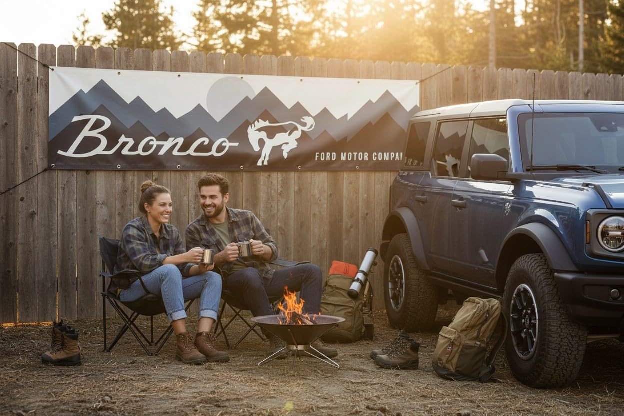 Cartel de vinilo largo resistente con logotipo de Ford Bronco Mountains con ojales de latón, disponible en 3 tamaños, bandera perfecta para paredes de garaje/granero, colgar de las vigas, cueva de