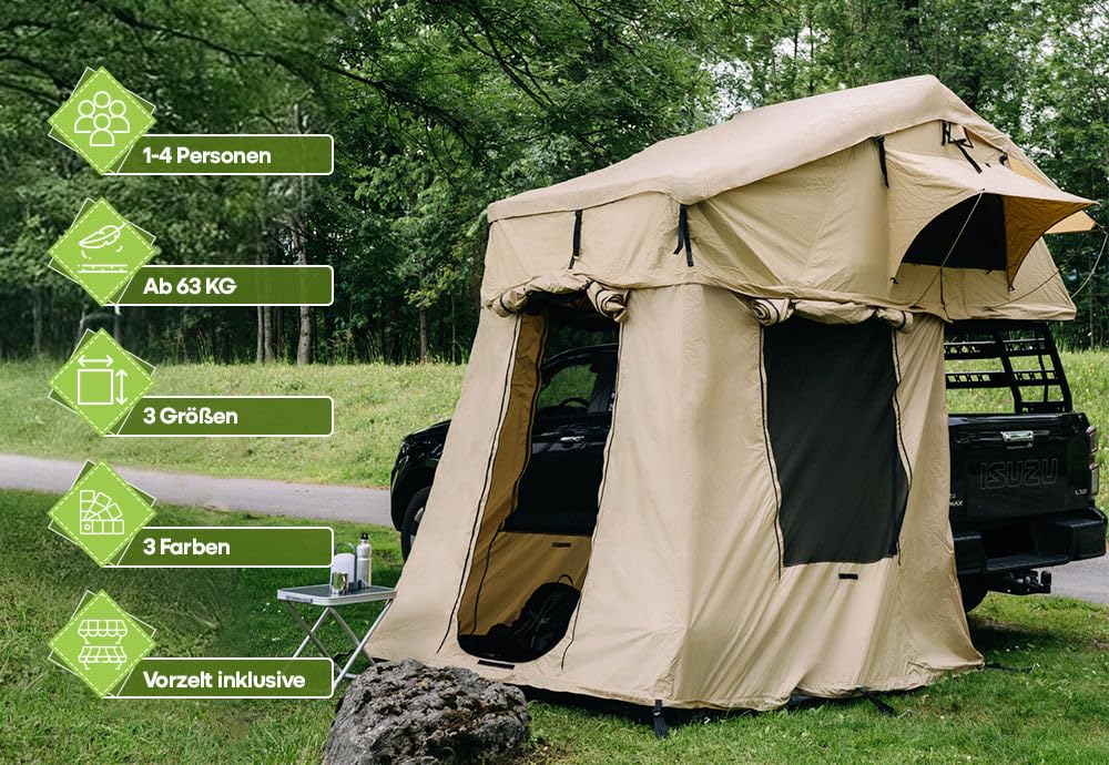 Family Plus Tente de toit pour 1 à 4 personnes (160 cm) avec auvent – Montage rapide, seulement 66 kg – Échelle, housse en PVC, sac à chaussures, outils inclus OutdoorU