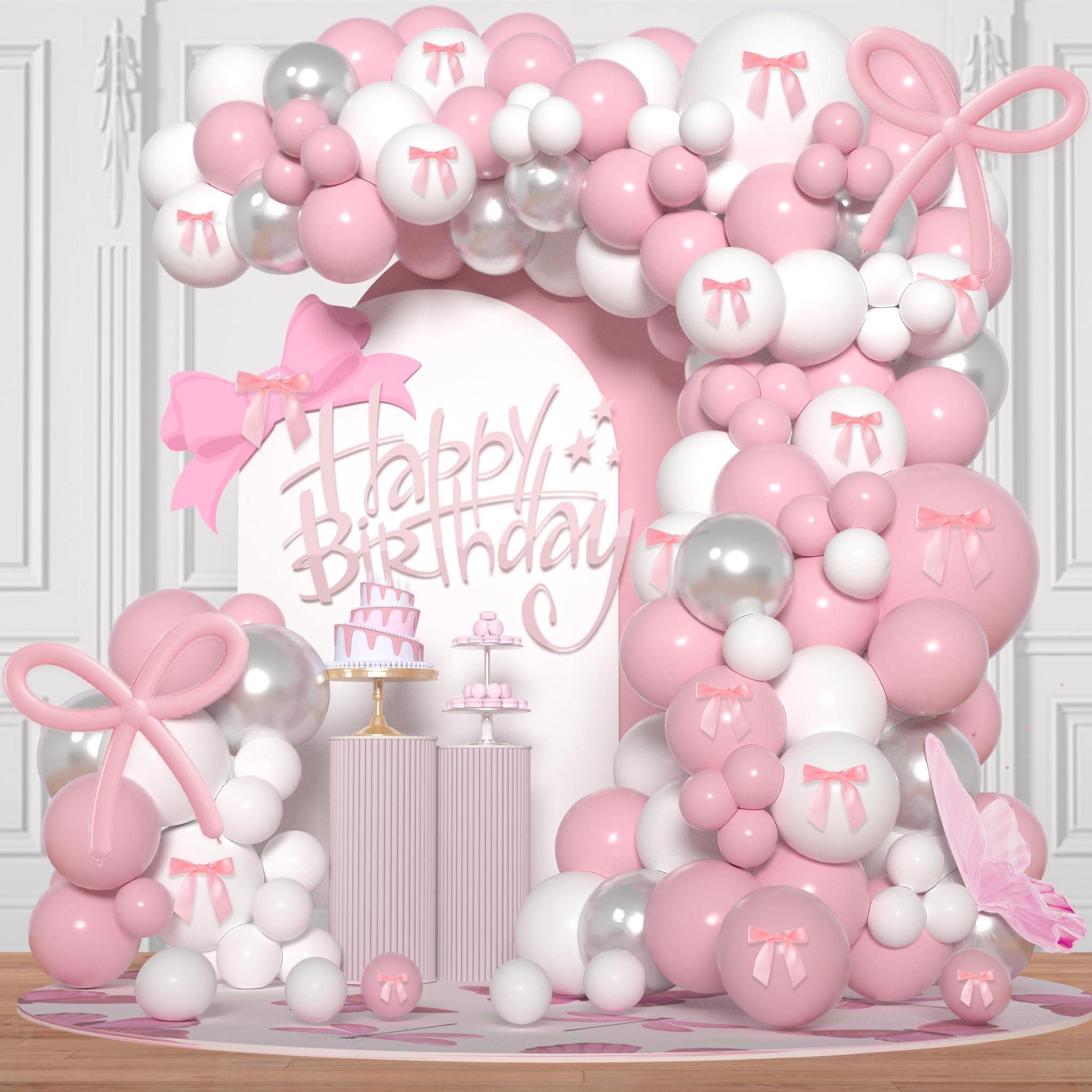 Pink And White Balloon Arch Kit Pink Bow Balloons Arch With Pink Bows For Coquette Birthday Decorations,Bridal Shower, Bow Party Decorations