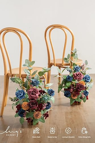 Miniatura 4 de Ling's Moment Camino de pasillo de otoño, arreglo de flores, decoración para silla de boda, 4 piezas, flores falsas artificiales, borgoña y rosa