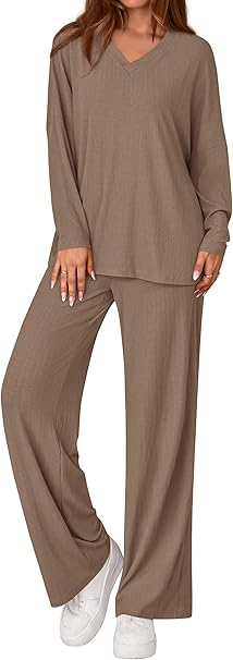 PRETTYGARDEN 2 Piece Lounge Sets for Women Fall Outfits 2025 Casual Loose Long Sleeve Tops Wide Leg Pants Matching Pajama Set