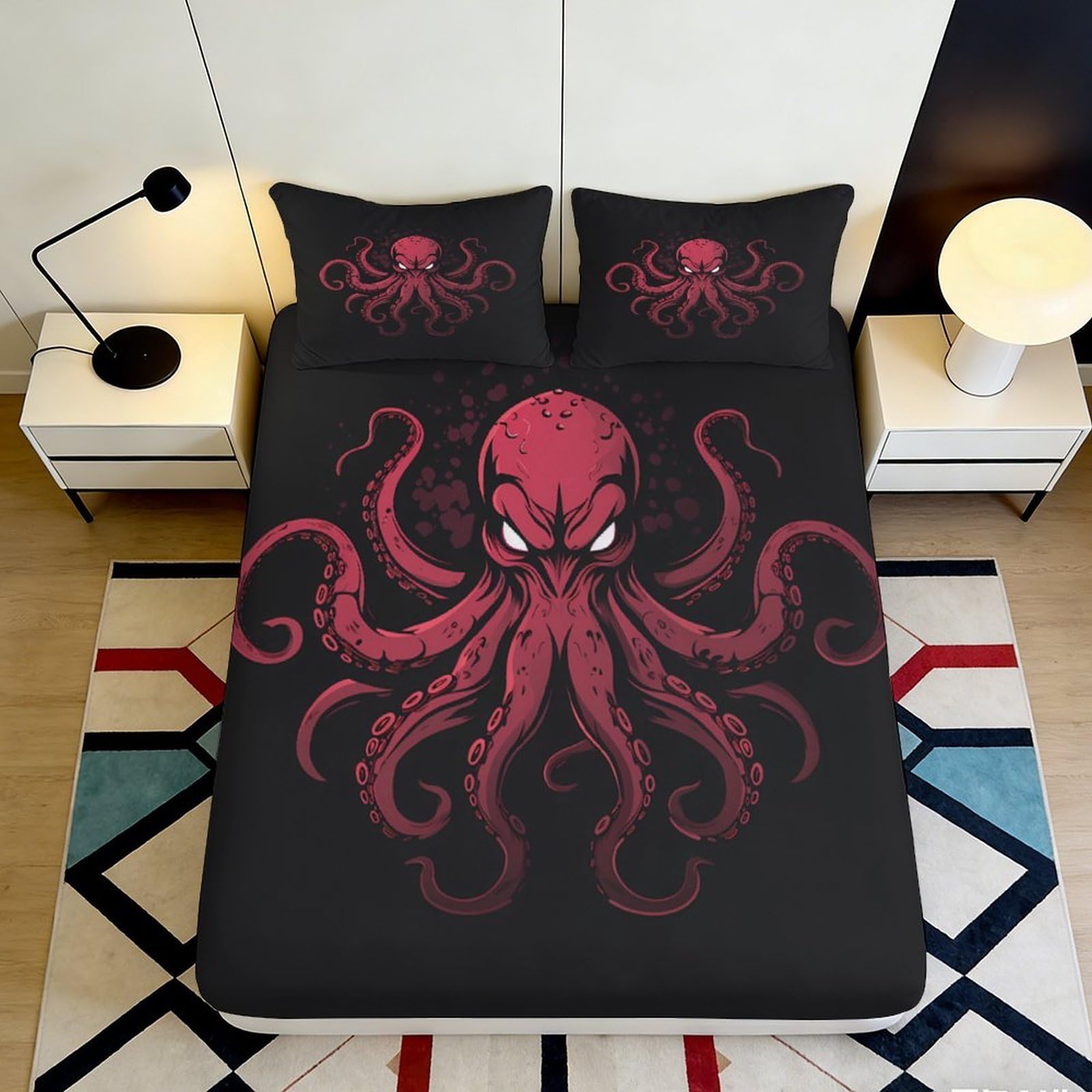 Pnayamiorkfel Style-8 3D Printed Red Octopus Fitted Sheet Microfiber Soft Black Cartoon Sea Monster Bed Cover For Bedroom Guest Room Dorm Mattress Protection 90X200x25cm