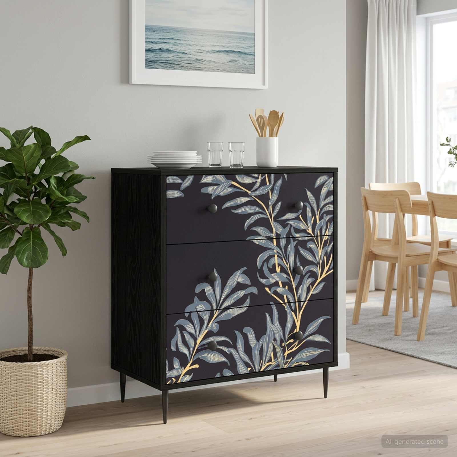DOKKUM - Cassettiera con motivo felce blu, 66 x 36,5 x 76 cm, in legno, con motivo decorativo, circolazione dell'aria