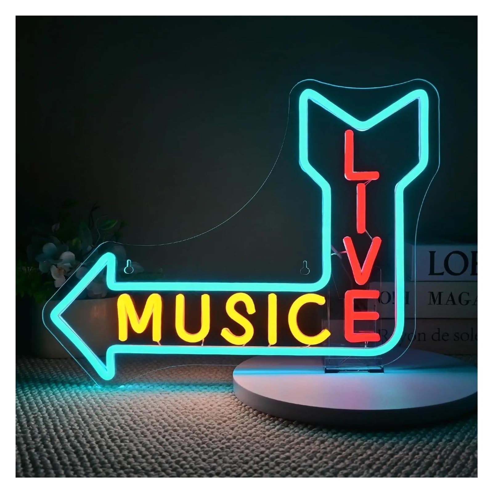 Insegna al Neon Insegna Al Neon LIVE MUSICA Freccia Per Decorazioni Murali, Bar, Studi, Bar, Sale Giochi, Feste 41x29cm