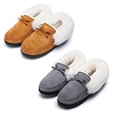 Womens House Shoes Memory Foam Suede Moccasin Slippers Winter Warm Fleece Lined Home Shoes with Anti-Skid Rubber Sole 12 Women/10 Men