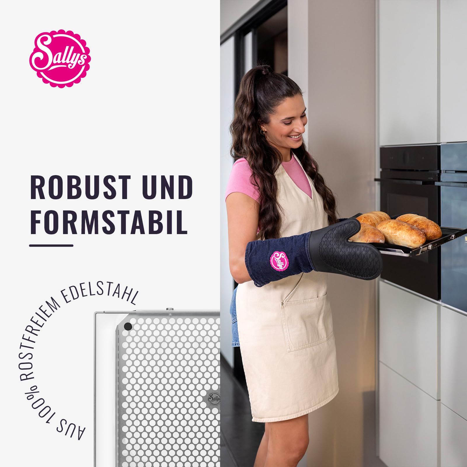 Sallys Premium Backblech V3 - Ausziehbares Edelstahl Backblech 39–46 cm - Perforiertes Lochblech für gleichmäßiges Backen - Beidseitig nutzbar - bis 230°C