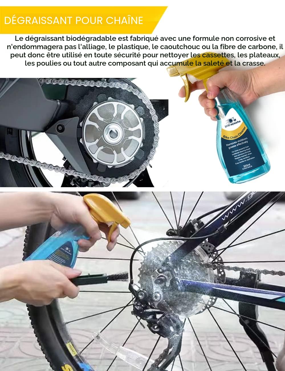 Kit de Nettoyage de Vélo Ultrafashs, Ensemble Complet avec Dégraissant, Brosse à Chaîne, Brosse à Pneus, Gant de Nettoyage, Lubrifiant