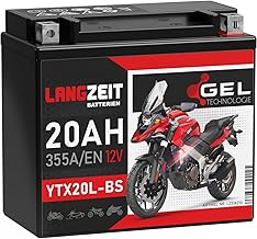 LANGZEIT YTX20L-BS Gel Motorcycle Battery, 12 V, 20 Ah, 355 A/EN, 51821, GTX20L-BS, CTX20L-BS, Double Service Life, Pre-Charged, Leak-Proof, Maintenance-Free