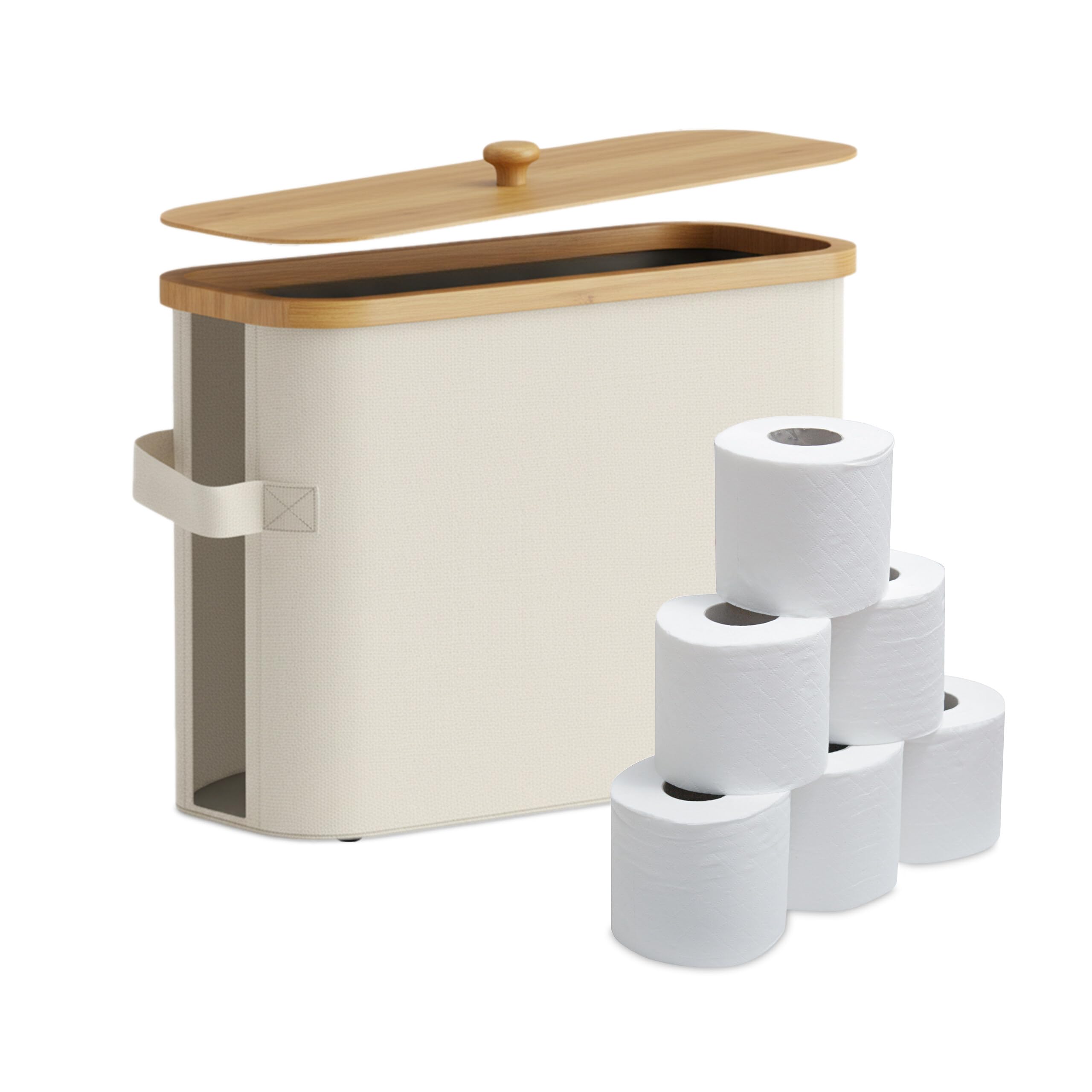 Relaxdays Toilet Paper Holder, 12 Rolls, HxWxD: 33 x 45 x 16 cm, Fabric, Bamboo, Toilet Paper Storage, Beige