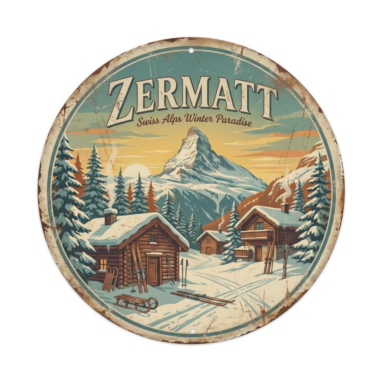 Vintage Travel Zermatt Switzerland Alpine Metal Tin Sign Plaque Wall Decor for Cafe, Club Bar, Office, Home Garden Round Metal Poster 8x8Inch