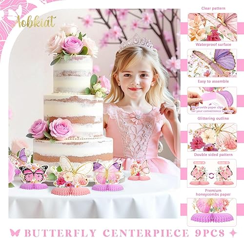 Miniatura 8 de AOBKIAT Decoraciones de fiesta de cumpleaños de mariposa para niñas, 9 piezas de centros de mesa de panal con purpurina para mesas para baby shower,
