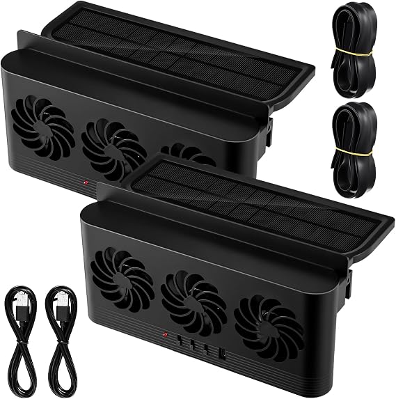 Tujoe 2 Pack Solar Powered Car Exhaust Fan 3 Fans Car Window Air Vent Radiator Solar Energy Cooling Vent Exhaust for General Types(Solar & Battery & USB 3 Fans,Black)