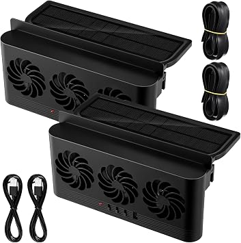 Tujoe 2 Pack Solar Powered Car Exhaust Fan 3 Fans Car Window Air Vent Radiator Solar Energy Cooling Vent Exhaust for General TypesSolar & Battery & USB 3 Fans,Black