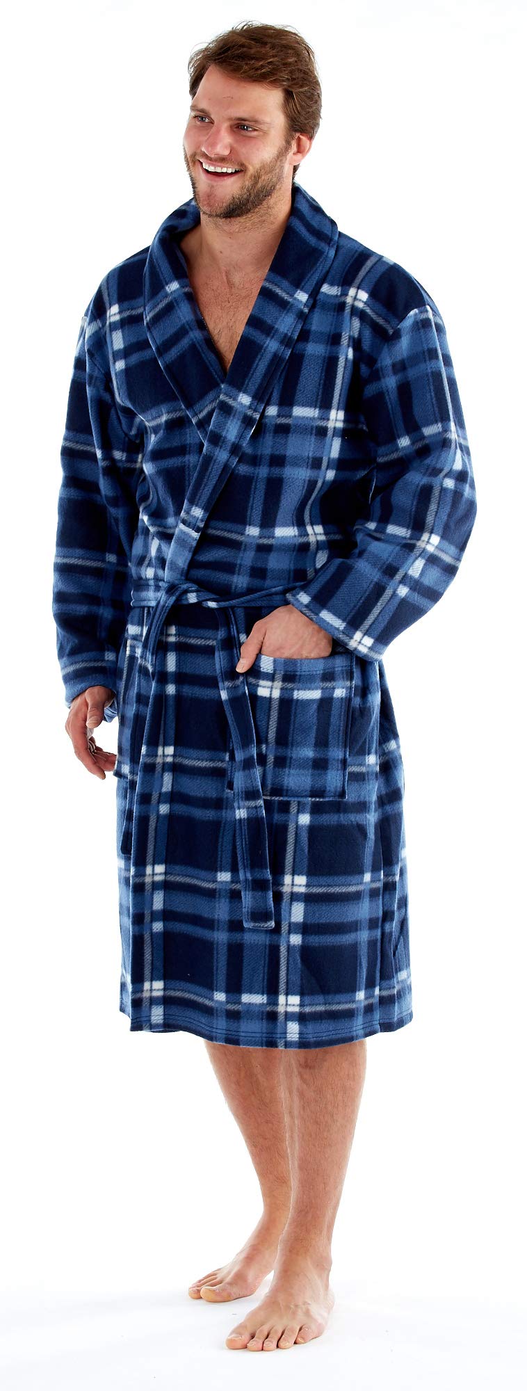 Dannii Matthews Mens Navy Checked Super Soft Fleece Robe, Large/X-Large