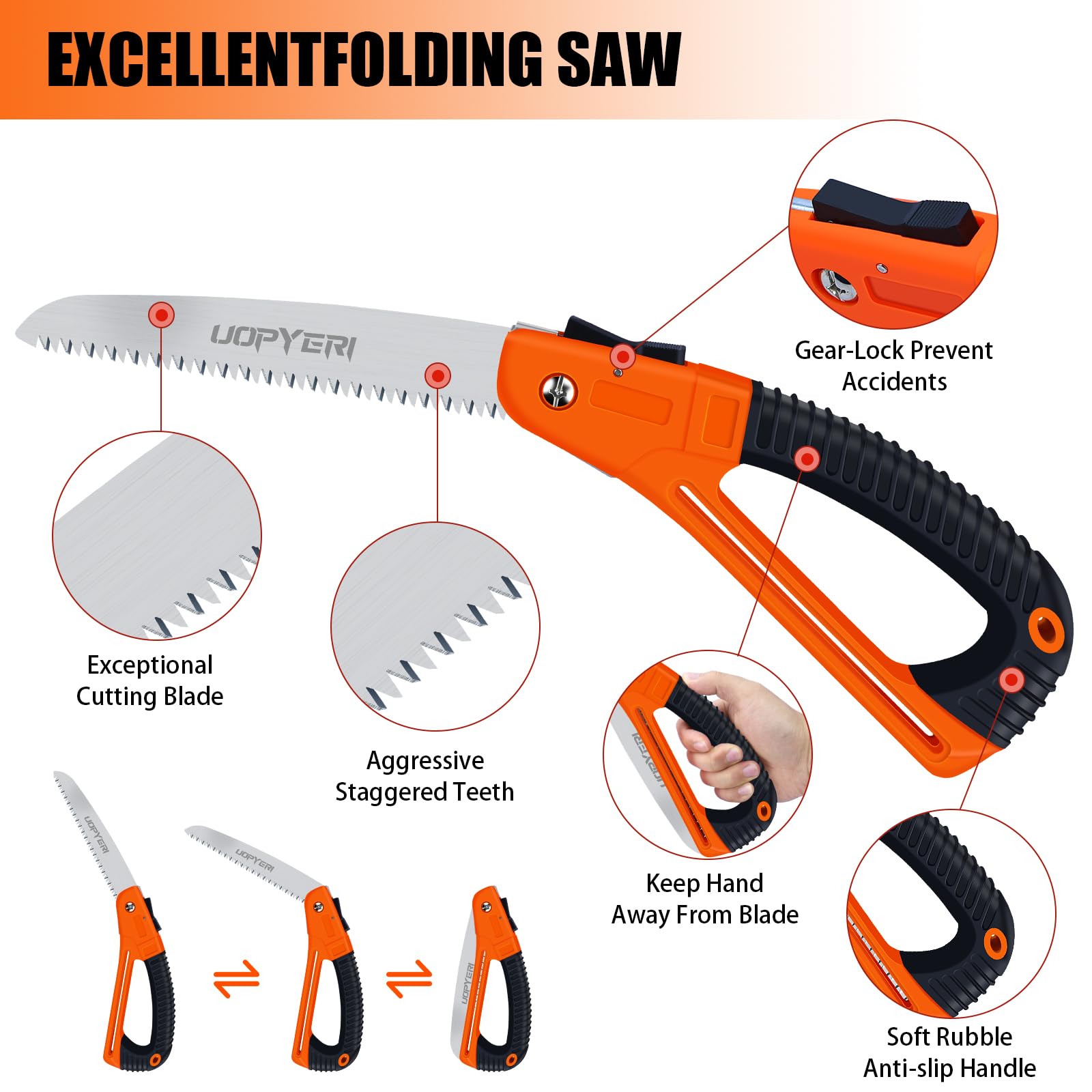 Sierra de mano plegable, hoja de acero de alto carbono de 8 pulgadas para corte suave, camping, jardinería, poda de árboles, corte de madera, diseño compacto con mango ergonómico antideslizante para