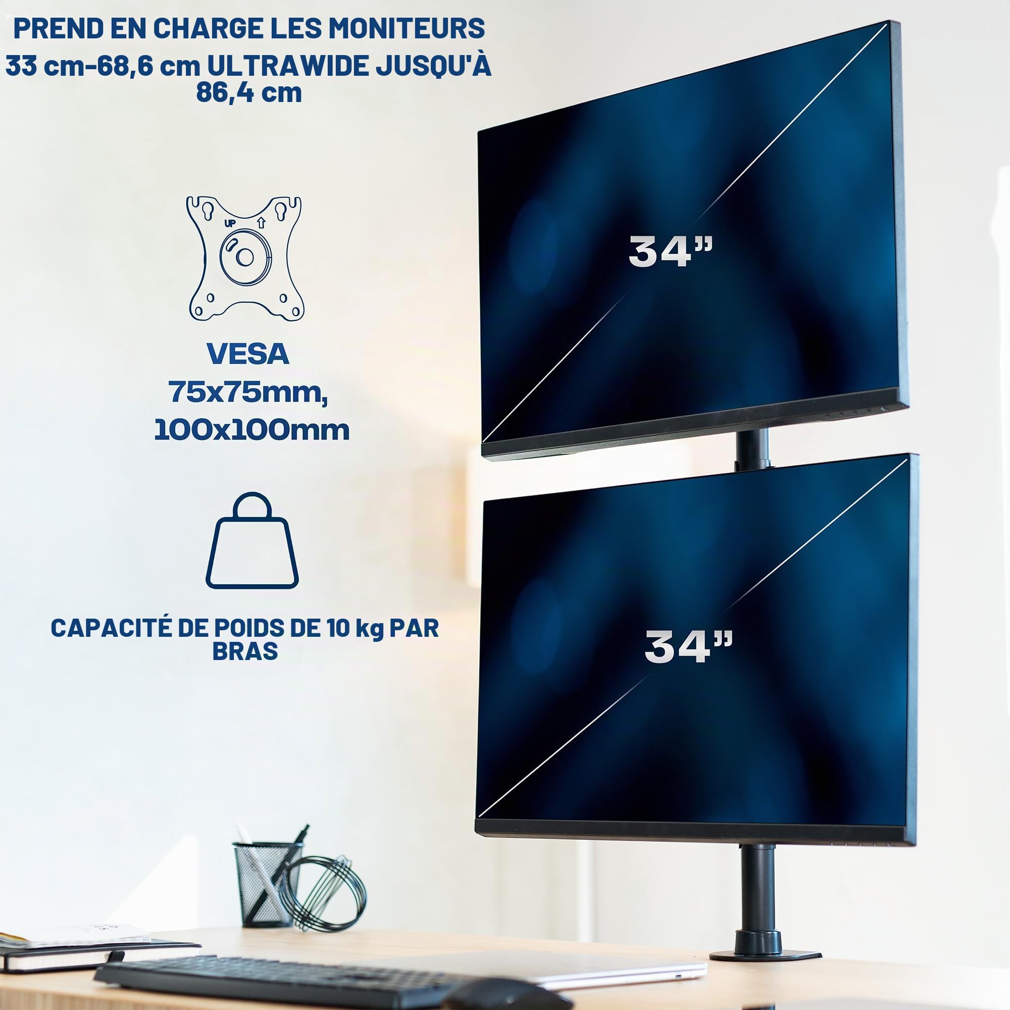 Vivo STAND-V002R Support de Bureau Double écran avec réglage de la Hauteur et plaques VESA pour 2 écrans LCD Ultra Larges jusqu'à 34"