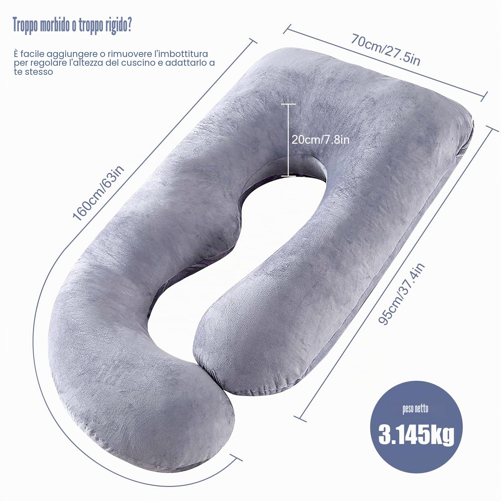 Labtec Cuscino gravidanza per dormire, Cuscino di velluto a U per l'allattamento, Cuscino per tutto il corpo, fianchi di maternità, gambe, pancia per la gravidanza e cuscino di supporto alla schiena