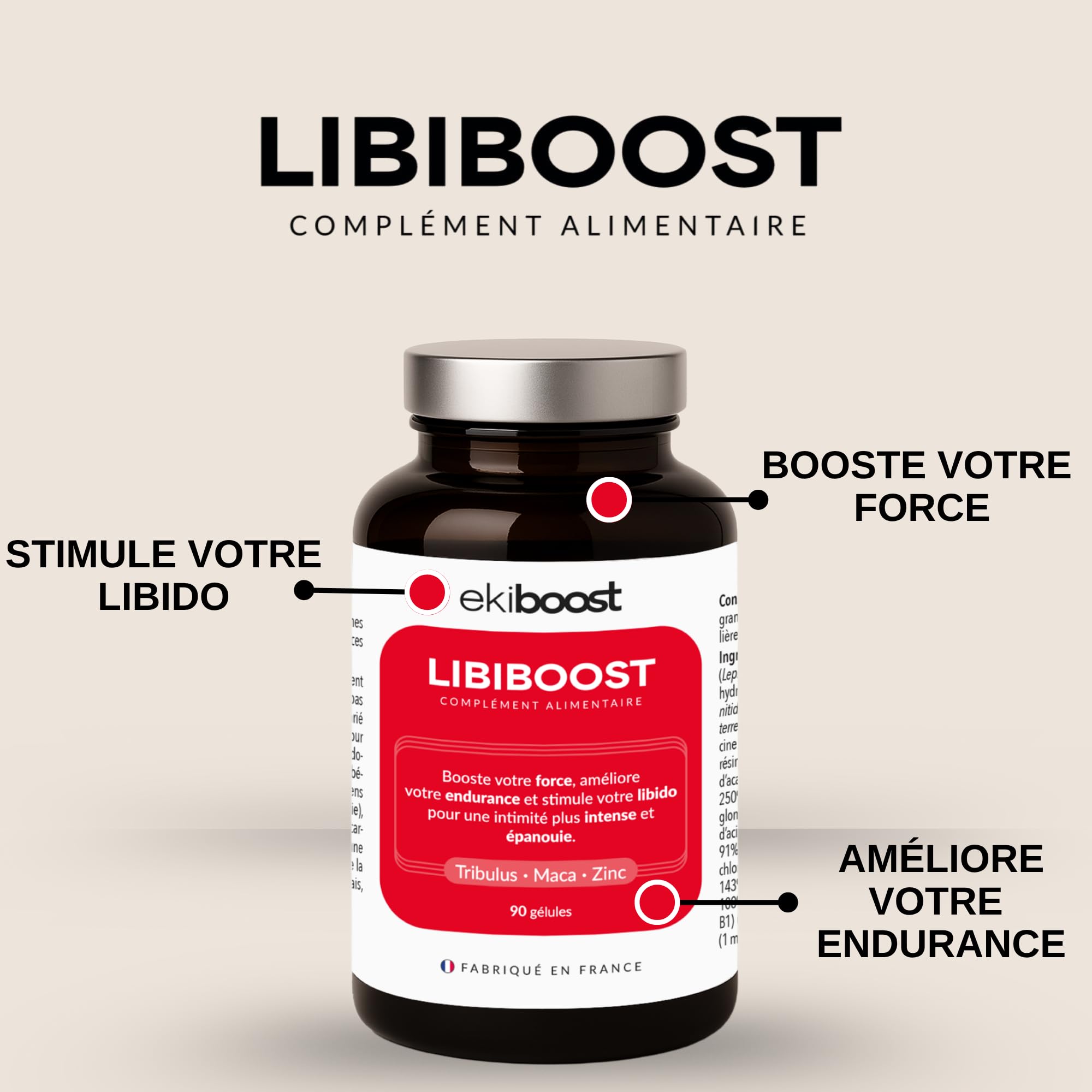 Performance Masculine | Testostérone Homme | Vigueur & Endurance | Booster Libido | Maca, Tribulus, Ashwagandha & Magnésium | LIBIBOOST | 90 Gélules | Complément Alimentaire Homme | Fabriqué en France