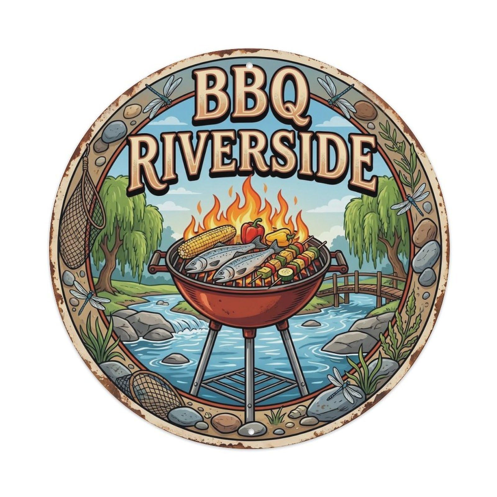 Vintage BBQ Barbecue Riverside Artwork Metal Tin Sign Plaque Wall Decor for Cafe, Club, Garden Round Metal Poster 8x8Inch