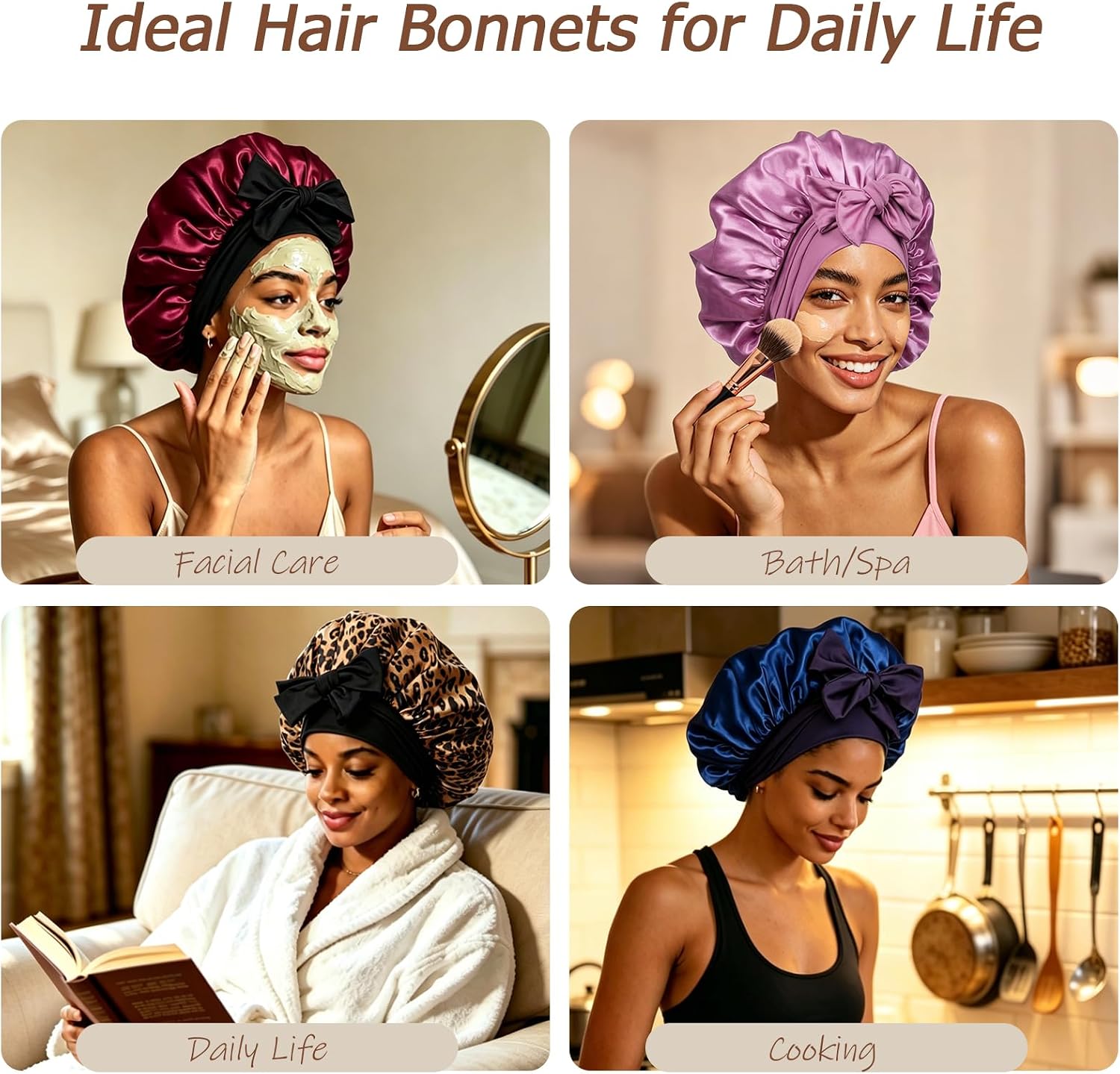 Satin Bonnet for Sleeping, Non Slip Sleep Cap for Women, Adjustable Tie Hair Bonnet for Curly, Braids Long Natural Hair