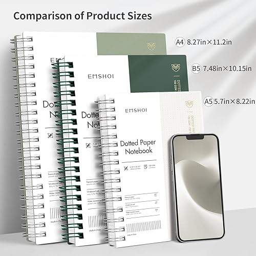 Miniatura 38 de EMSHOI Cuaderno de puntos en espiral A4, 150 hojas (300 páginas), diario de cuadrícula de puntos de 3.53 oz/m², tapa blanda impermeable, diario