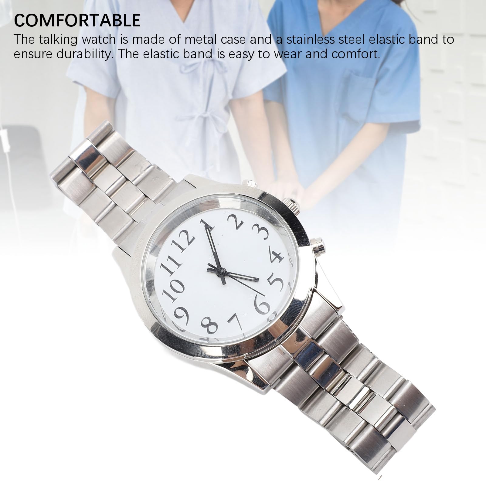 Pilipane Montre parlante, réveil vocal fort et clair, rappel, bracelet élastique en acier inoxydable, grand cadran pour personnes âgées aveugles et malvoyantes