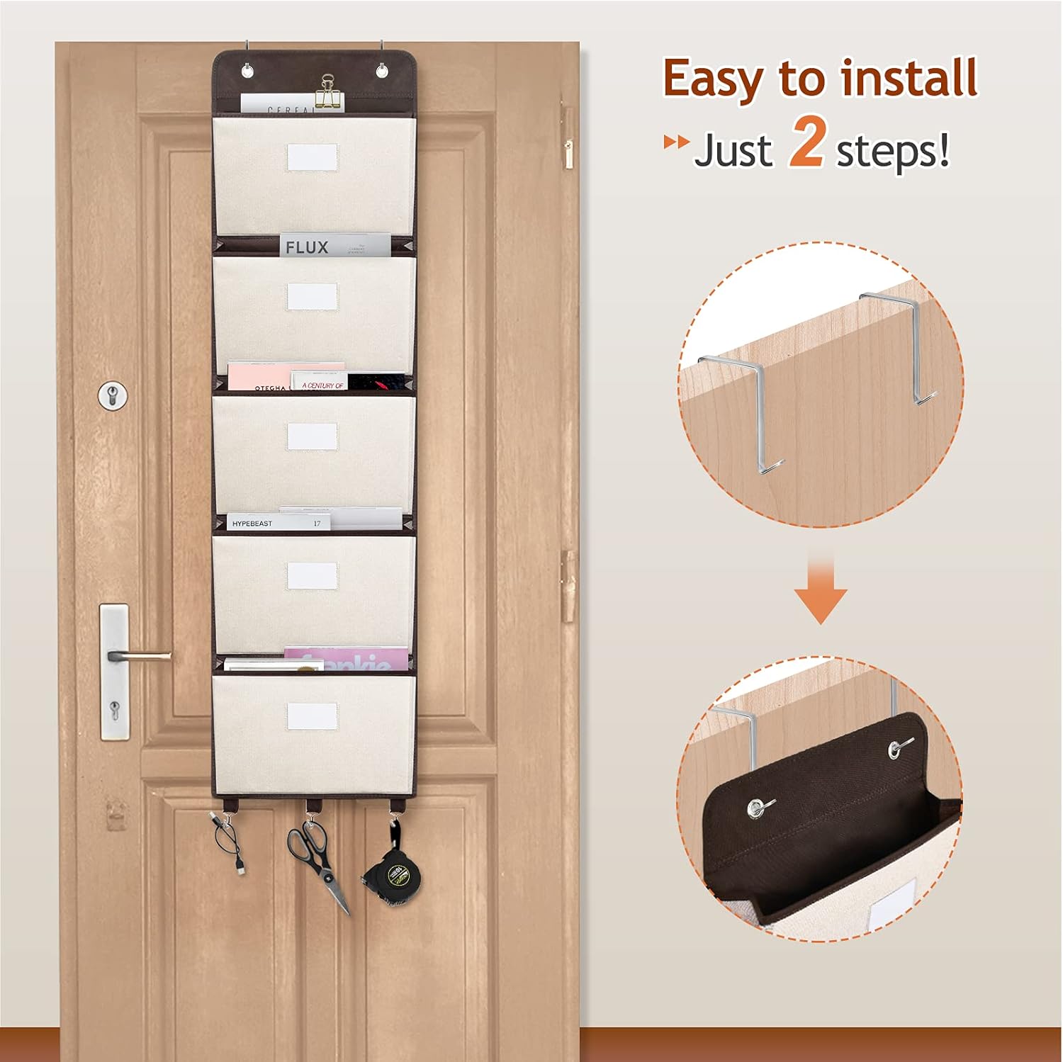 coastal rose Over The Door File Organizer, 5 Pockets Mail Organizer Holder Wall Mount Hanging File Folders Storage Organizer for Office, Home, Paper, Document, Chart(Beige) : Office Products