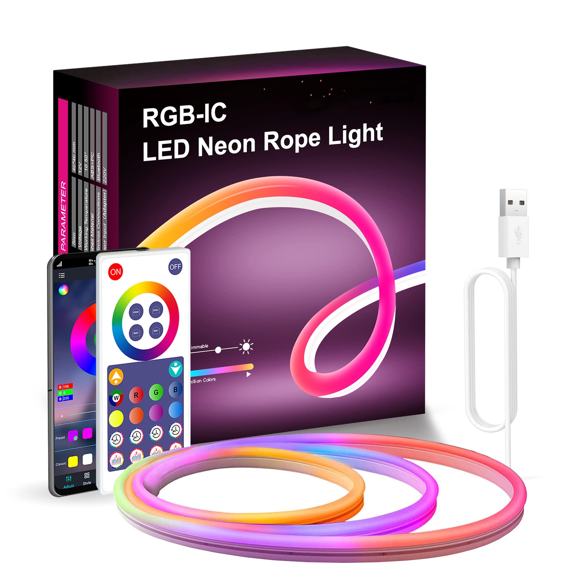 DOODZY Neon Rope 3M Tira LED de Neón de Silicona Control WiFi, 16 Milliones de Color RGBIC Impermeable IP67 para Habitación Gaming, TV y Dormitorio Funciona con Alexa y Google Assistant (3M)