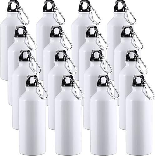 Vista 19 de CHENGU Paquete de 16 botellas de agua de aluminio de 20 onzas, botellas de agua reutilizables en blanco, botellas de aluminio ligeras para gimnasio