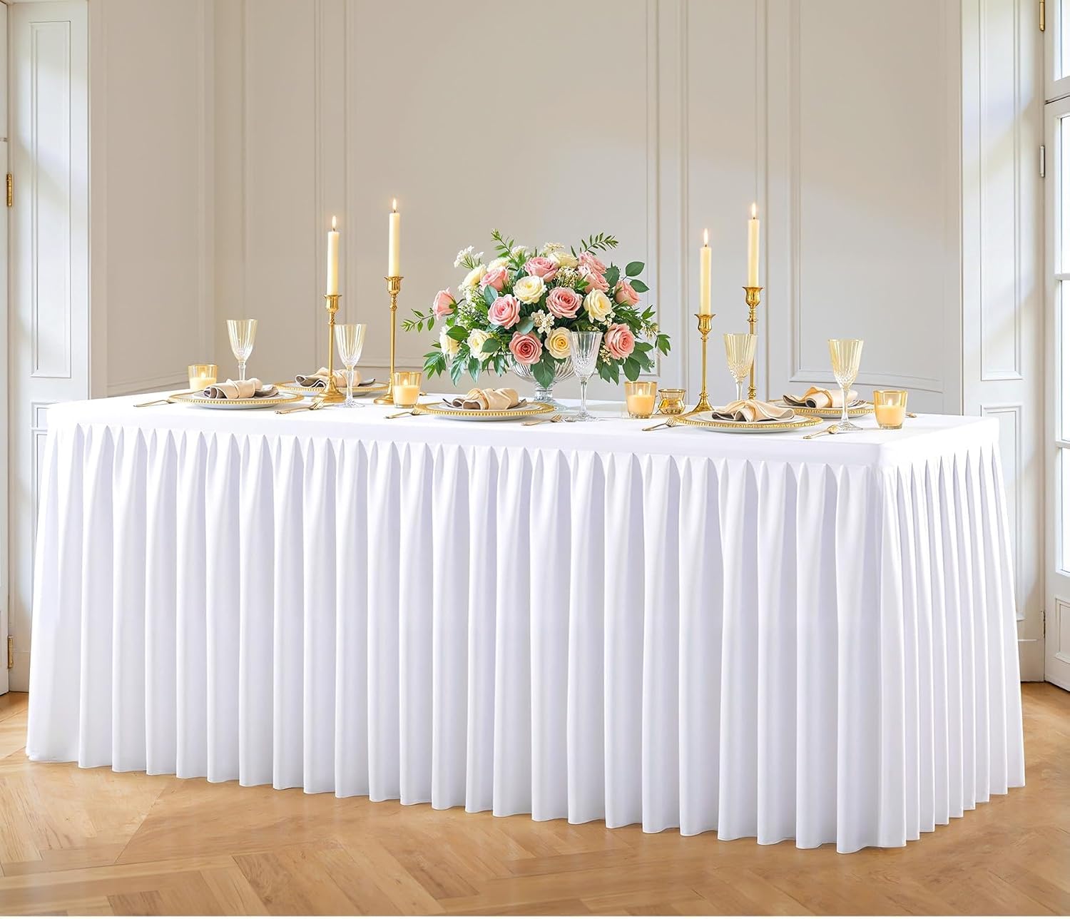 White Polyester Table Cloths for Rectangle 4 Foot Tables, 1 Pack Wrinkle Free Tablecloths Stretchy Banquet Ruffle Fitted Table Cover Desk Skirt for Parties Wedding Birthday Baby Shower