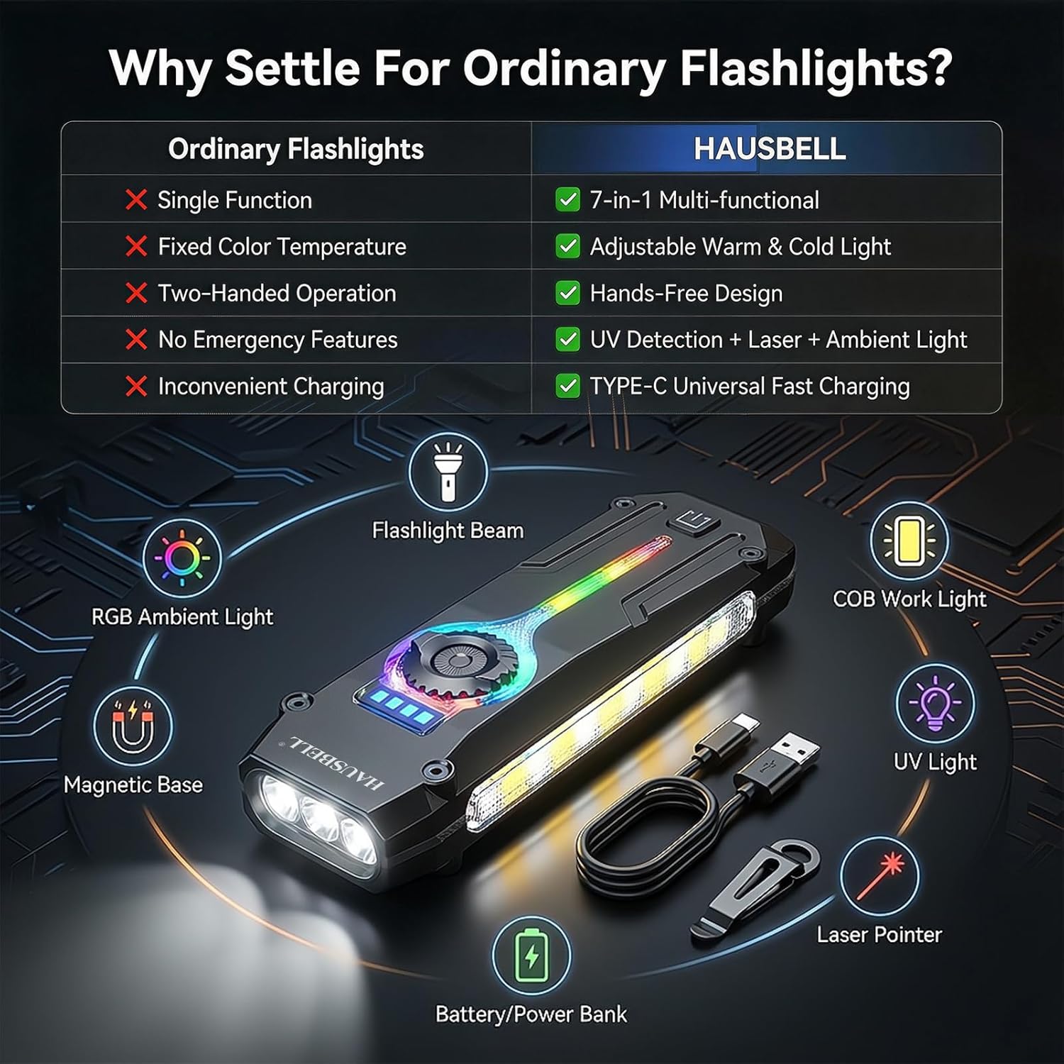 HAUSBELL Flat EDC Flashlight 1800 High Lumens, Stainless Steel Rechargeable Pocket Light with UV Blacklight, Red Light for Cats, Arrow-Shaped RGB Beacon, Magnetic Work Light, USB-C Stepless Dimming