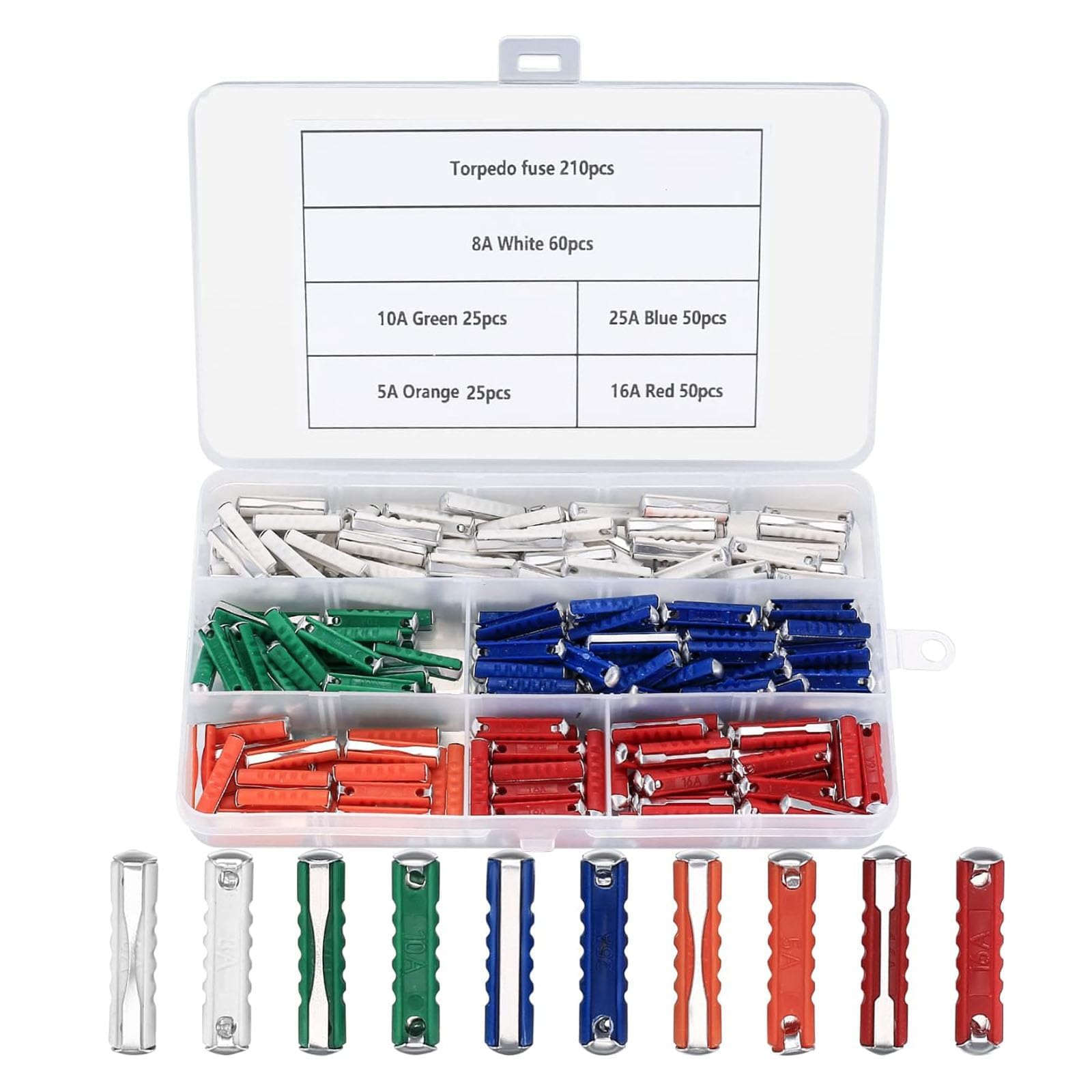 200 Stück Sicherungen Kfz, 5A 8A 10A 16A 25A Torpedosicherungen Auto Sicherungen Set für europäische Fahrzeuge Oldtimer Kfz Sicherungen Set
