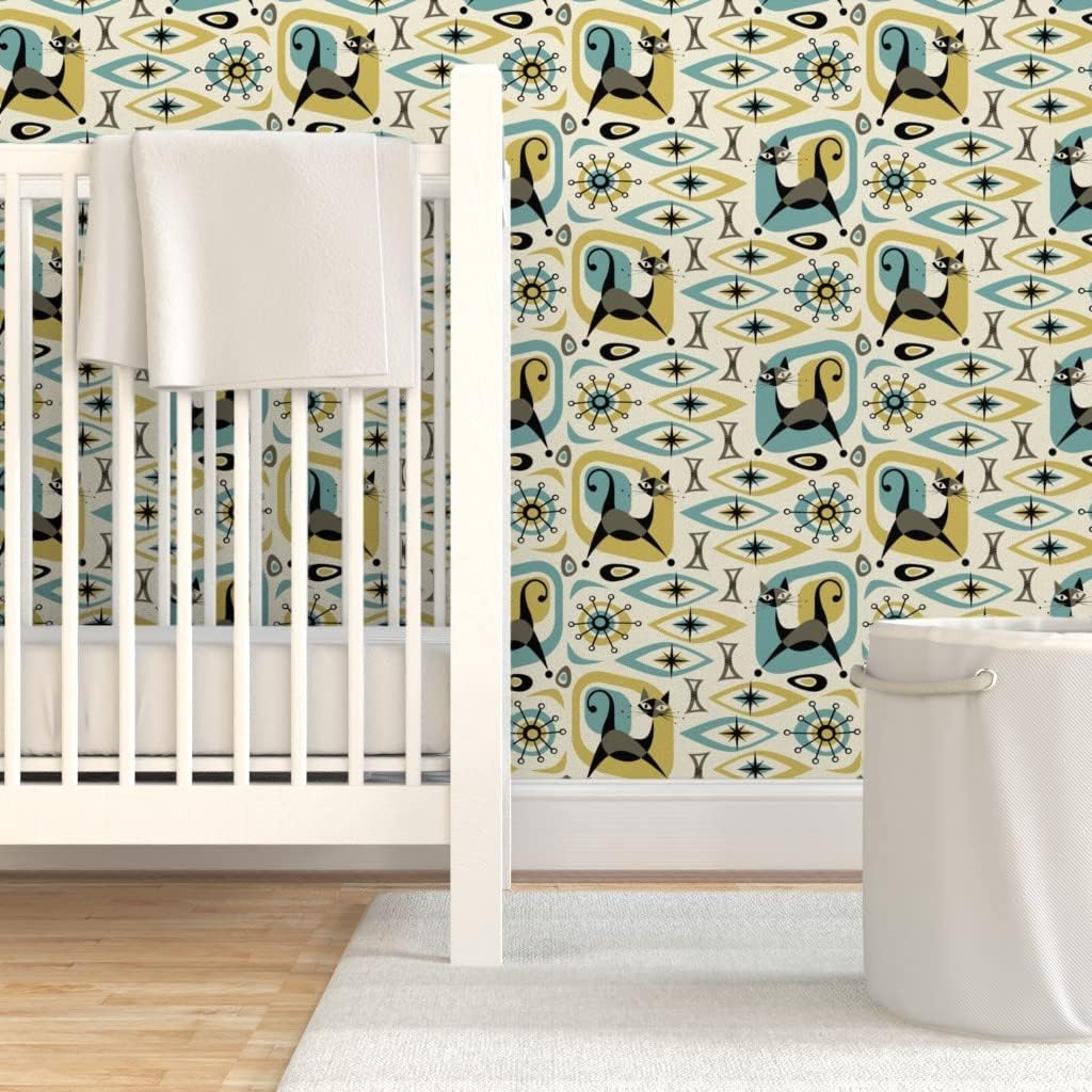 Peel & Stick Wallpaper 3ft x 2ft - Mid Century Cat Abstract Gold Diamonds Retro 1950S Cats Fifties Custom Removable Wallpaper by Spoonflower