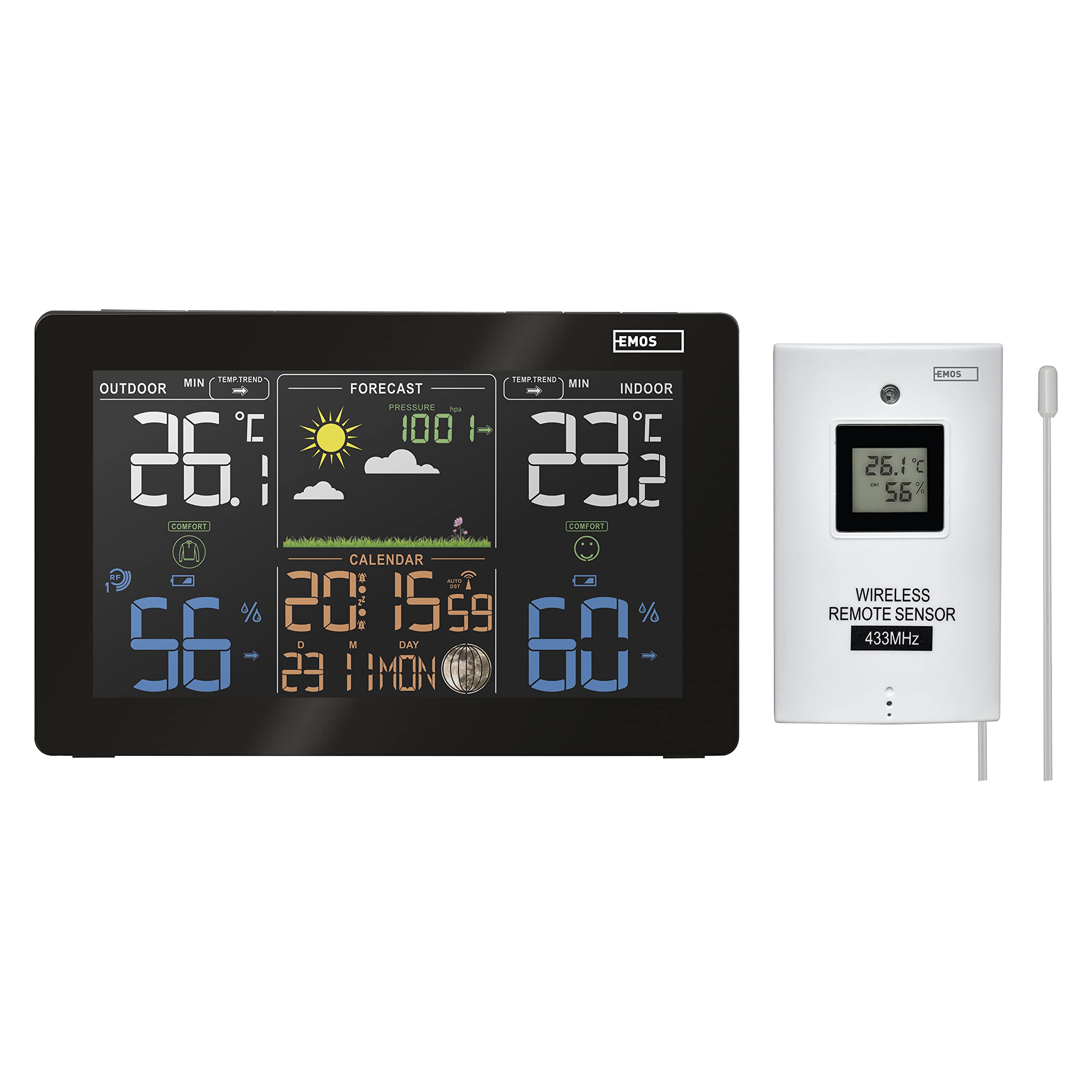 EMOS E5111 Stazione meteo radio per temperatura interna ed esterna con sensore esterno, display a colori, previsioni meteo, orologio radio, barometro, tendenza di pressione e temperatura, calendario,