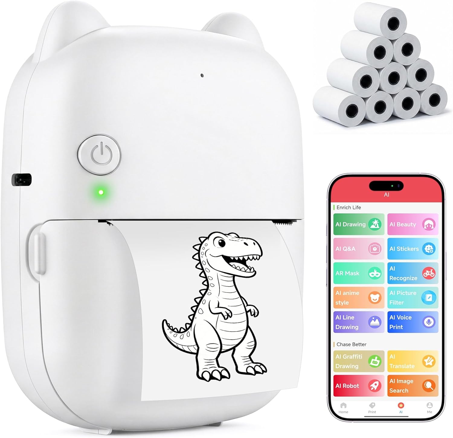 AI Sticker Printer, Mini Sticker Maker Machine for Kids and Adults, Portable Bluetooth Inkless Thermal Printer W/ 10 Rolls Thermal Paper, Pocket Photo & Label Maker for DIY, Journals, Study Notes
